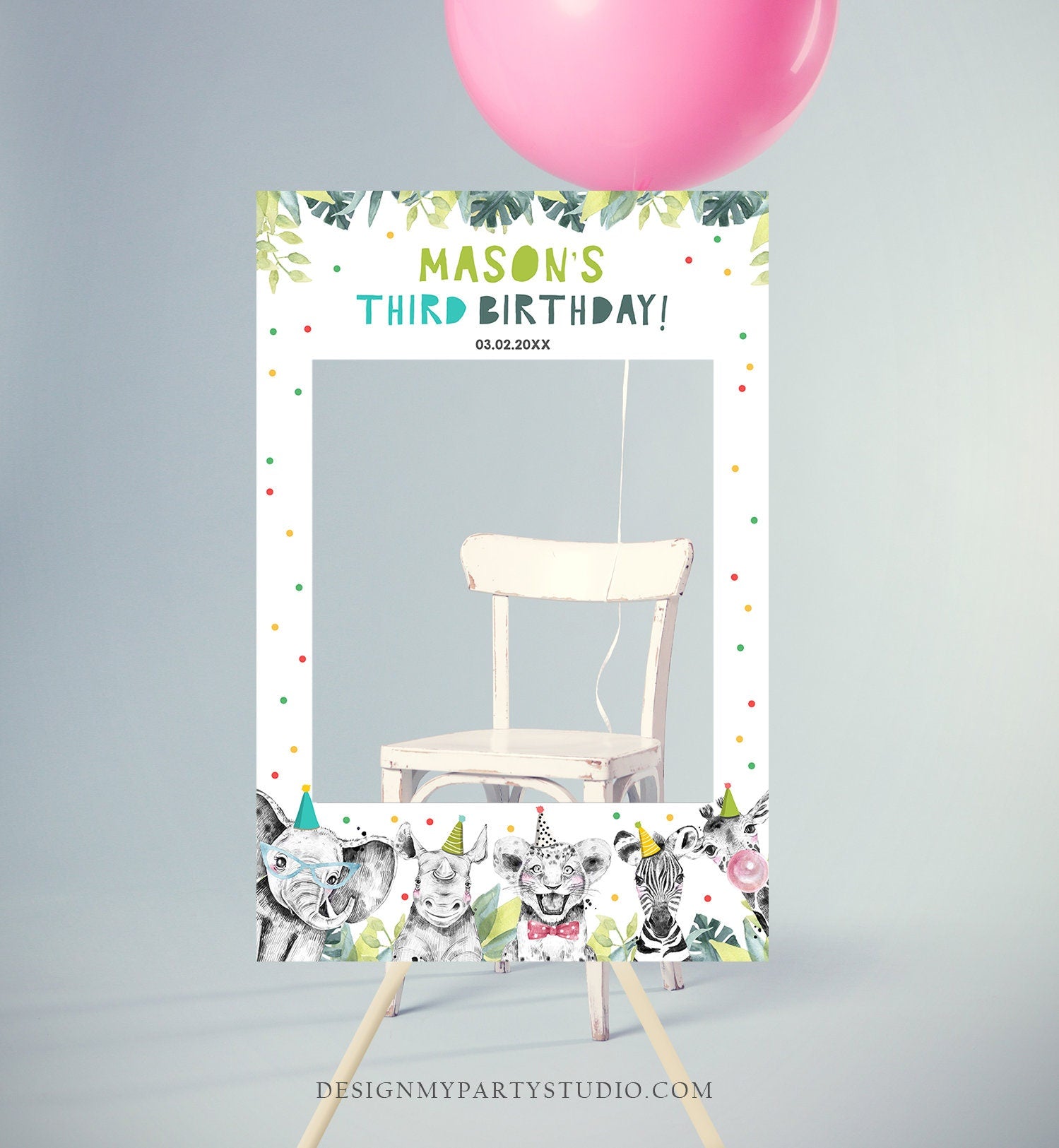 Editable Party Animals Birthday Photo Booth Sign Frame Safari Boy Birthday Wild One Party Photo Poster Decor Corjl Template Printable 0322