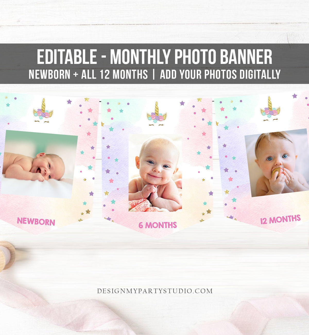 Editable Unicorn Monthly First Birthday Banner Photo Banner Magical Party Gold Pink Girl Corjl Download Corjl Template Printable 0041