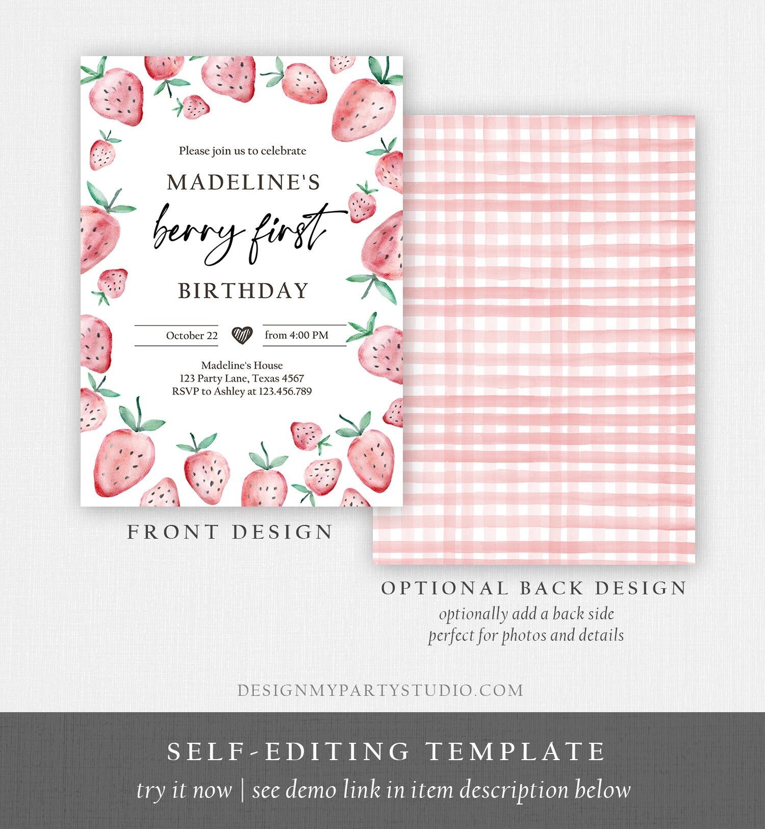 Editable Strawberry Birthday Invitation First Birthday Berry Sweet Girl Cute Strawberries 1st Download Printable Template Corjl Digital 0399