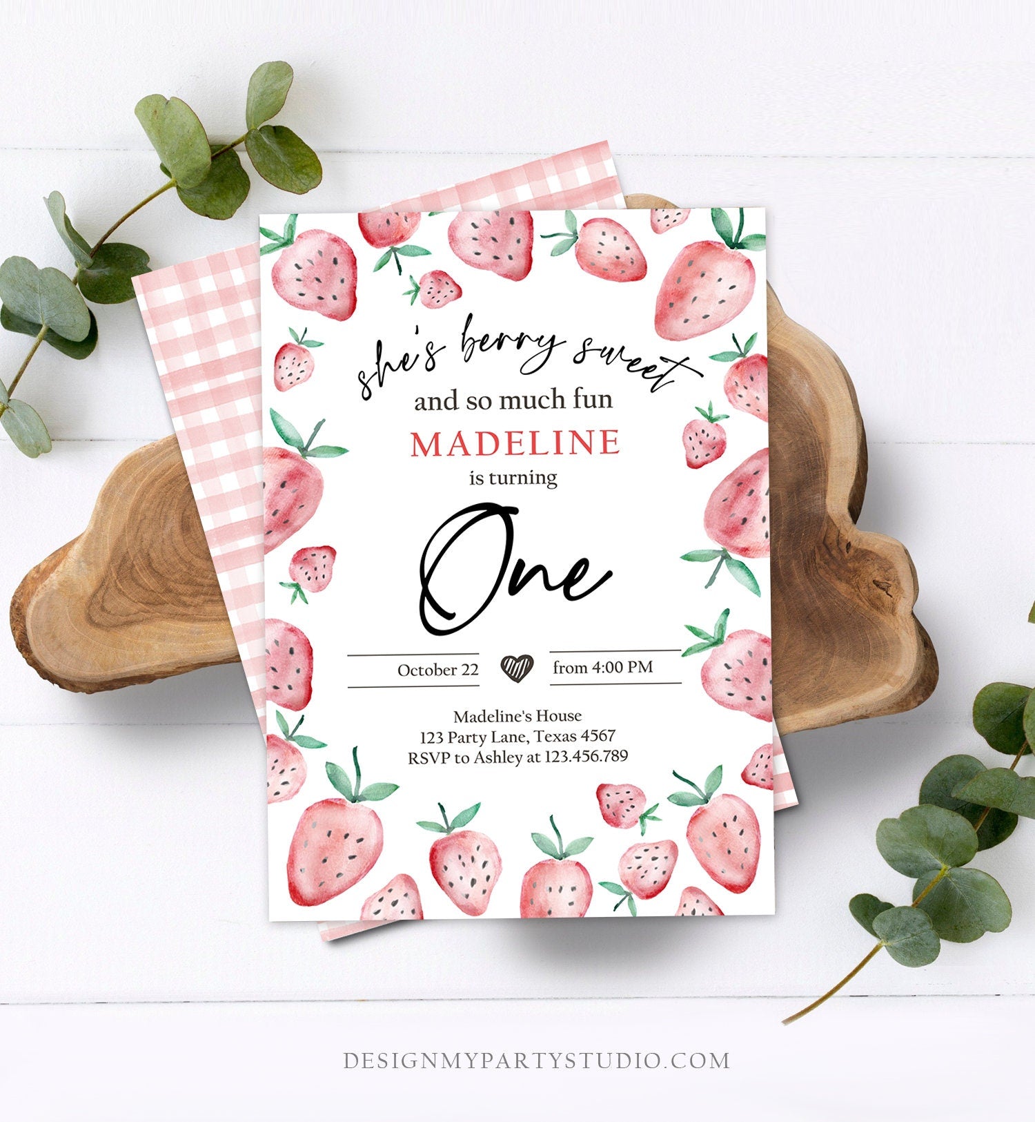 Editable Strawberry Birthday Invitation First Birthday Berry Sweet Girl Cute Strawberries 1st Download Printable Template Corjl Digital 0399