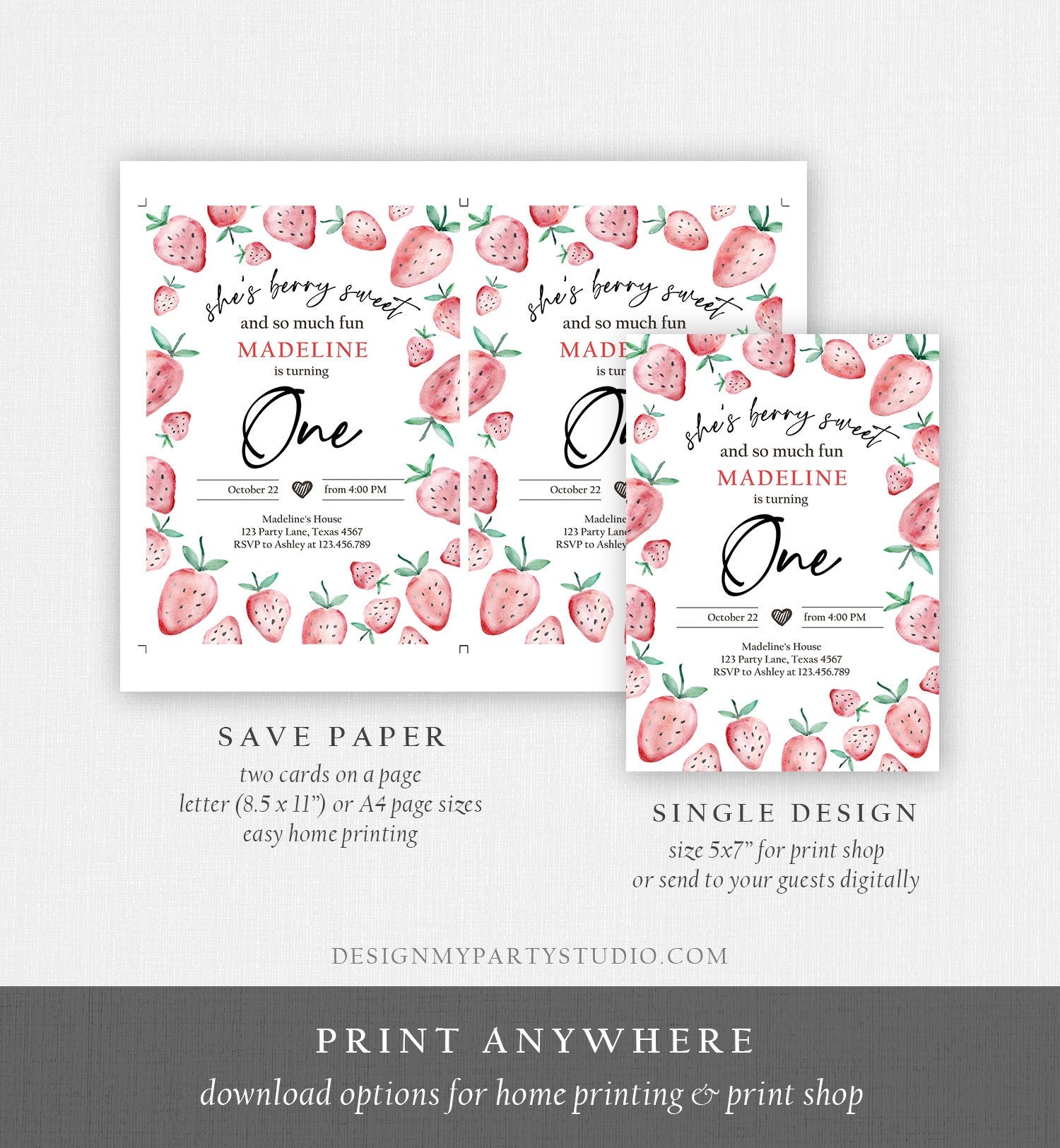 Editable Strawberry Birthday Invitation First Birthday Berry Sweet Girl Cute Strawberries 1st Download Printable Template Corjl Digital 0399