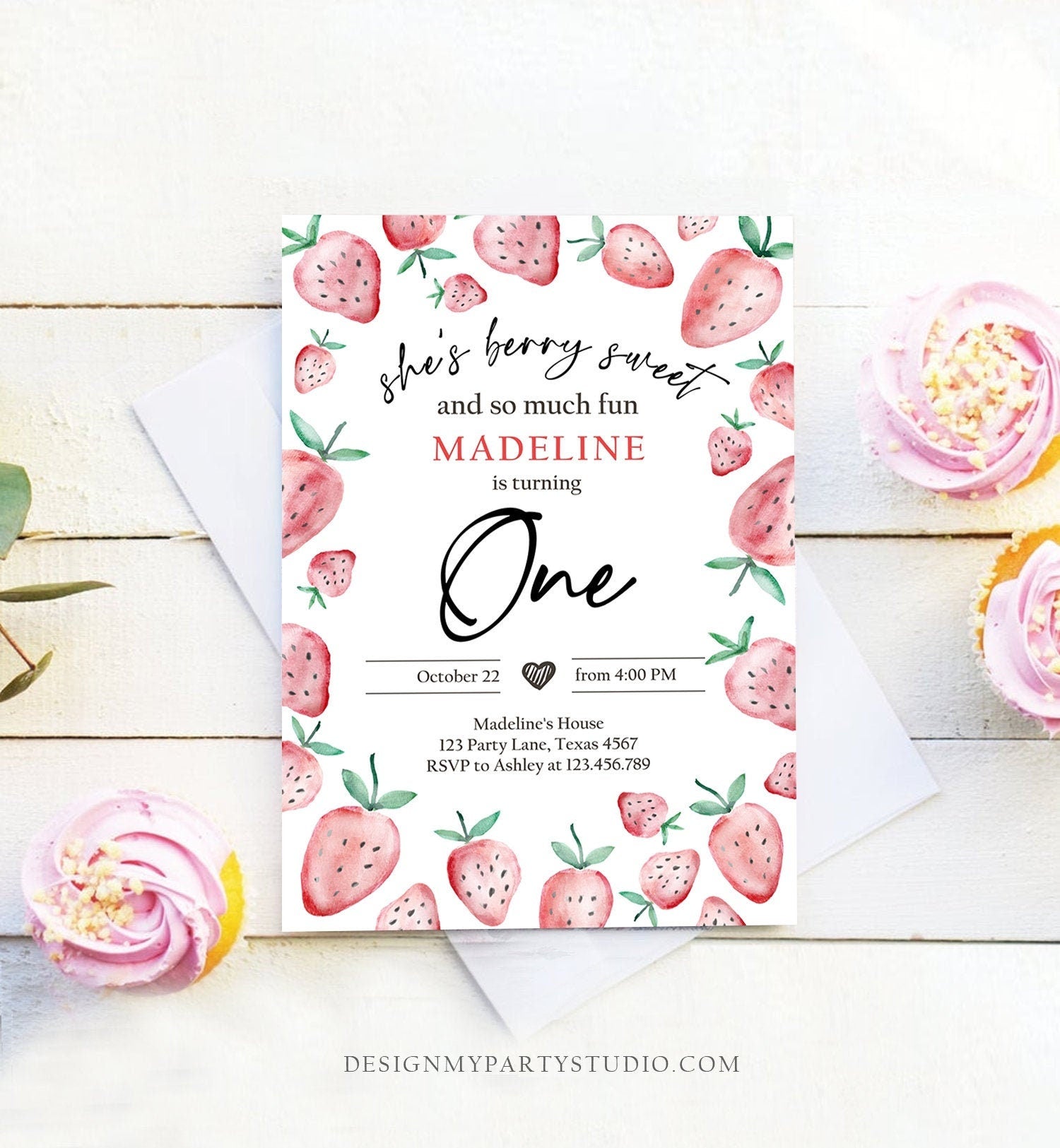 Editable Strawberry Birthday Invitation First Birthday Berry Sweet Girl Cute Strawberries 1st Download Printable Template Corjl Digital 0399