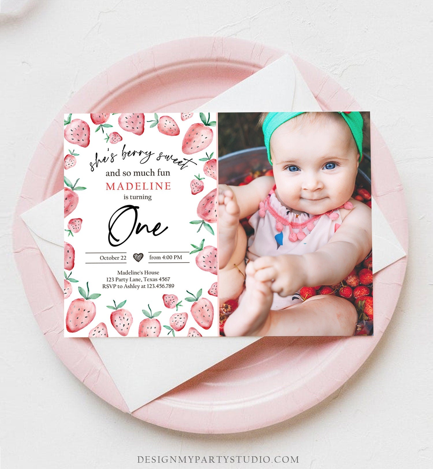 Editable Strawberry Birthday Invitation First Birthday Berry Sweet Girl Cute Strawberries 1st Download Printable Template Corjl Digital 0399