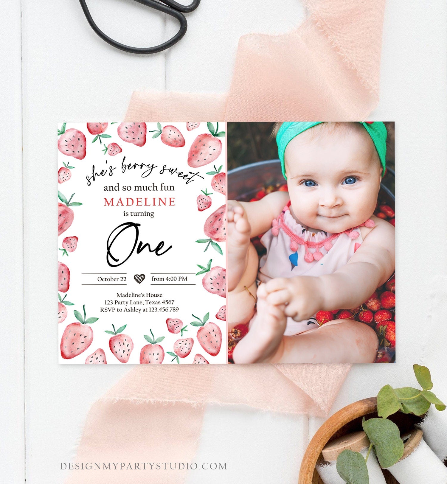 Editable Strawberry Birthday Invitation First Birthday Berry Sweet Girl Cute Strawberries 1st Download Printable Template Corjl Digital 0399