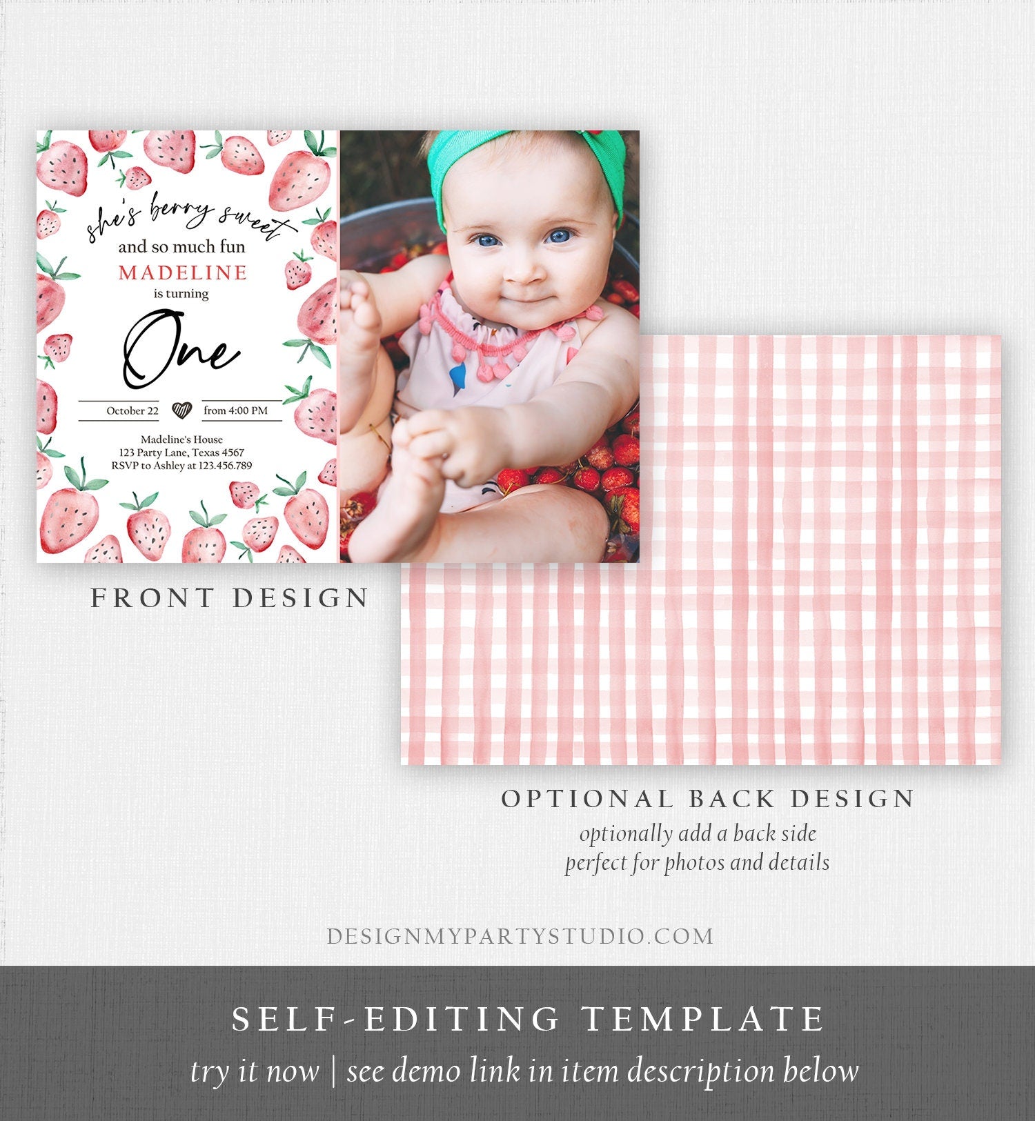 Editable Strawberry Birthday Invitation First Birthday Berry Sweet Girl Cute Strawberries 1st Download Printable Template Corjl Digital 0399