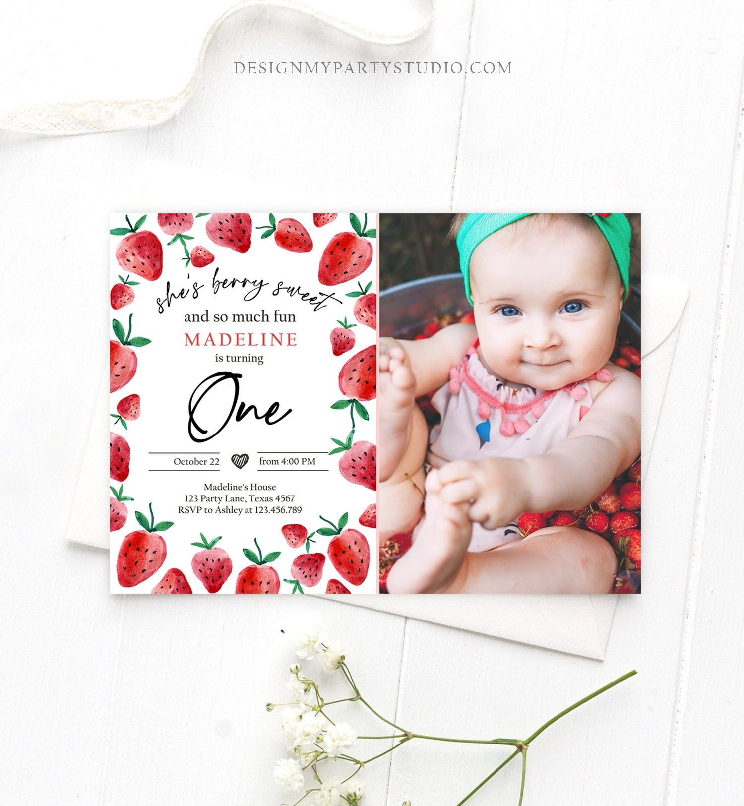 Editable Strawberry Birthday Invitation First Birthday Berry Sweet Girl Cute Strawberries 1st Download Printable Template Corjl Digital 0399