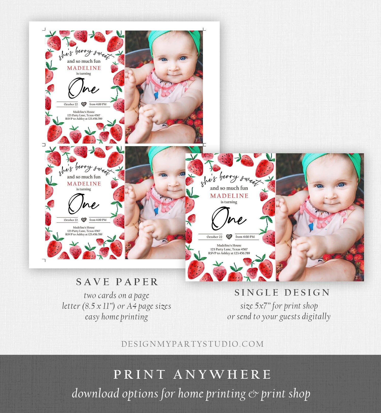 Editable Strawberry Birthday Invitation First Birthday Berry Sweet Girl Cute Strawberries 1st Download Printable Template Corjl Digital 0399