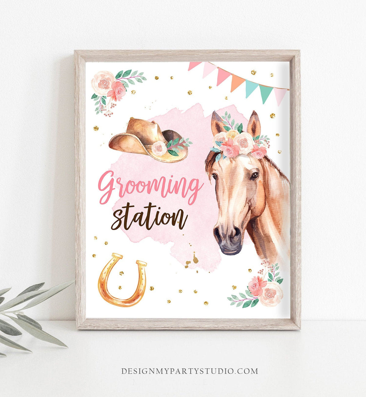 Grooming Station Sign Cowgirl Party Decor Floral Pink Horse Birthday Table Sign Horse Party Signs Decorations Pony Download Printable 0398