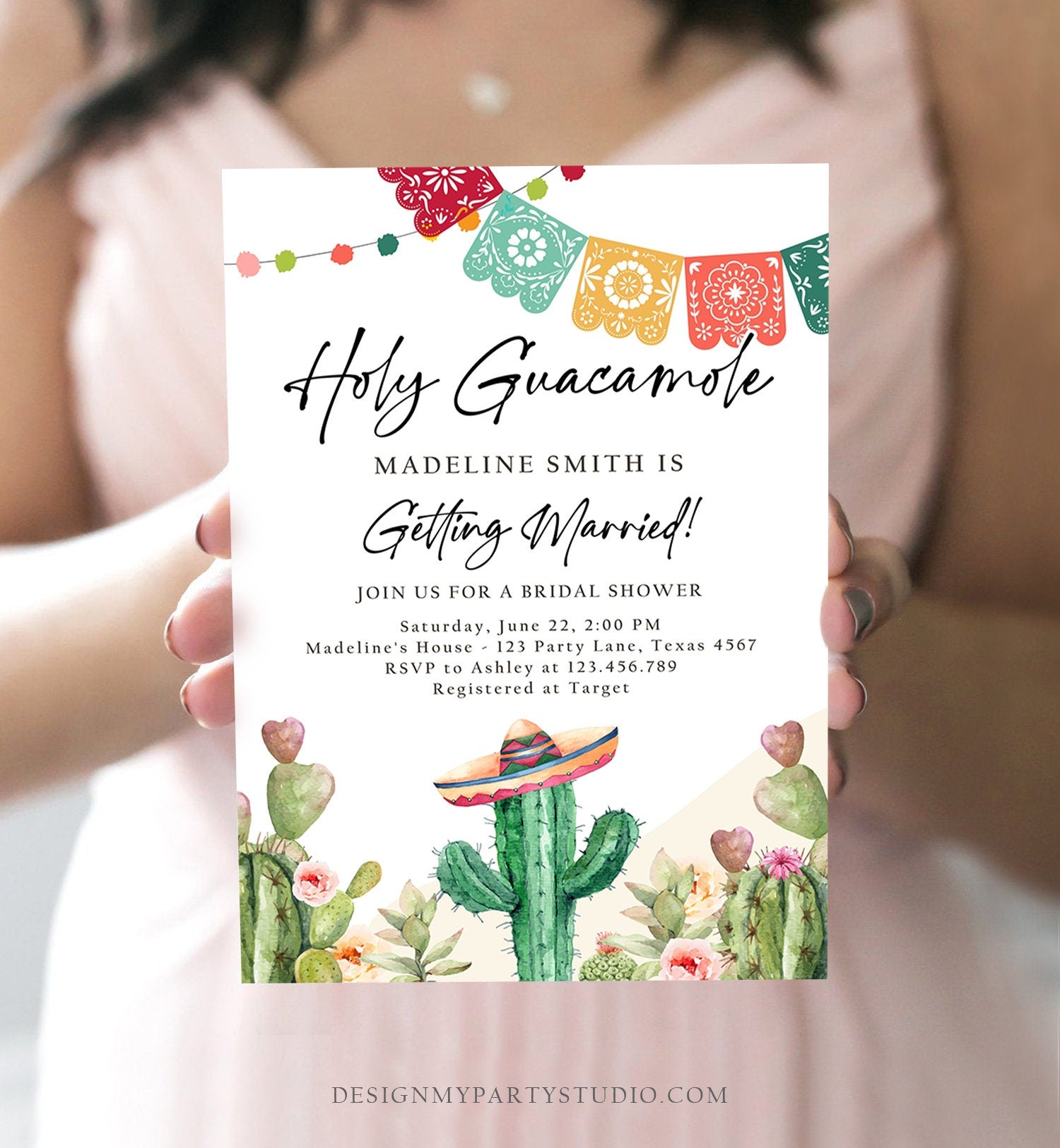 Editable Holy Guacamole Bridal Shower Invitation Couples Fiesta Mexican Watercolor Cactus Succulent Desert Template Corjl Printable 0404