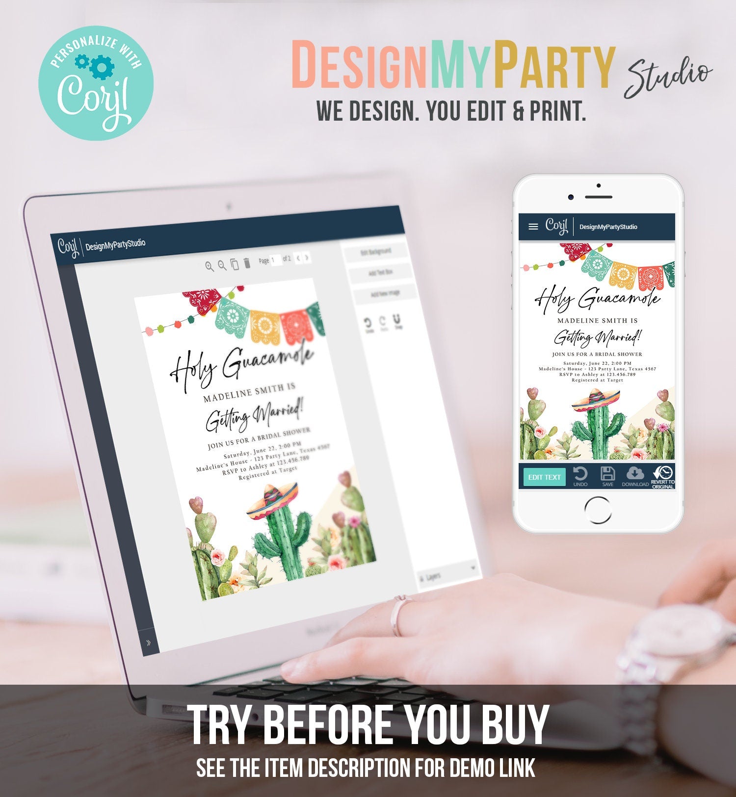 Editable Holy Guacamole Bridal Shower Invitation Couples Fiesta Mexican Watercolor Cactus Succulent Desert Template Corjl Printable 0404