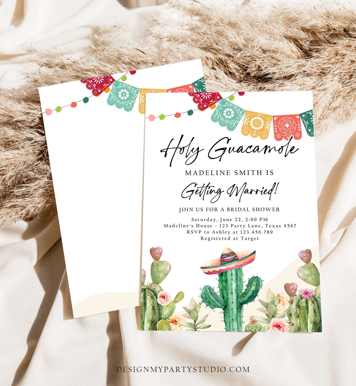 Editable Holy Guacamole Bridal Shower Invitation Couples Fiesta Mexican Watercolor Cactus Succulent Desert Template Corjl Printable 0404