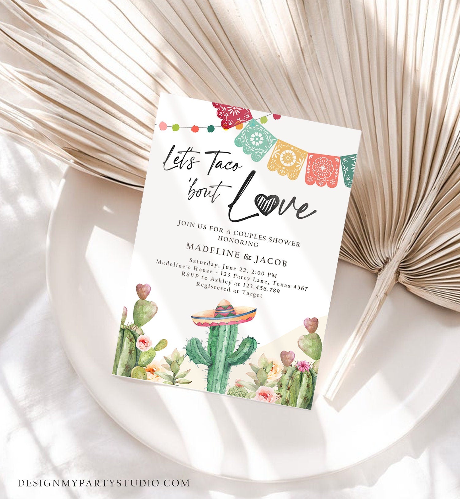 Editable Let's Taco Bout Love Engagement Invitation Couples Shower Bridal Watercolor Cactus Succulent Fiesta Digital Template Printable 0404