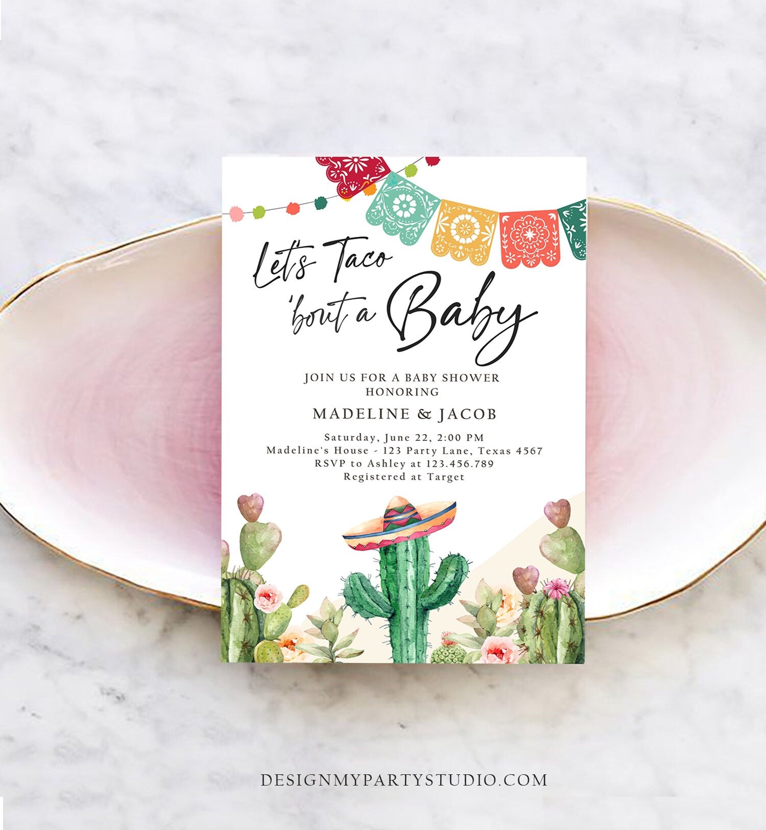 Editable Let's Taco Bout a Baby Shower Invitation Cactus Mexican Fiesta Couples Shower Desert Watercolor Template Corjl Printable 0404