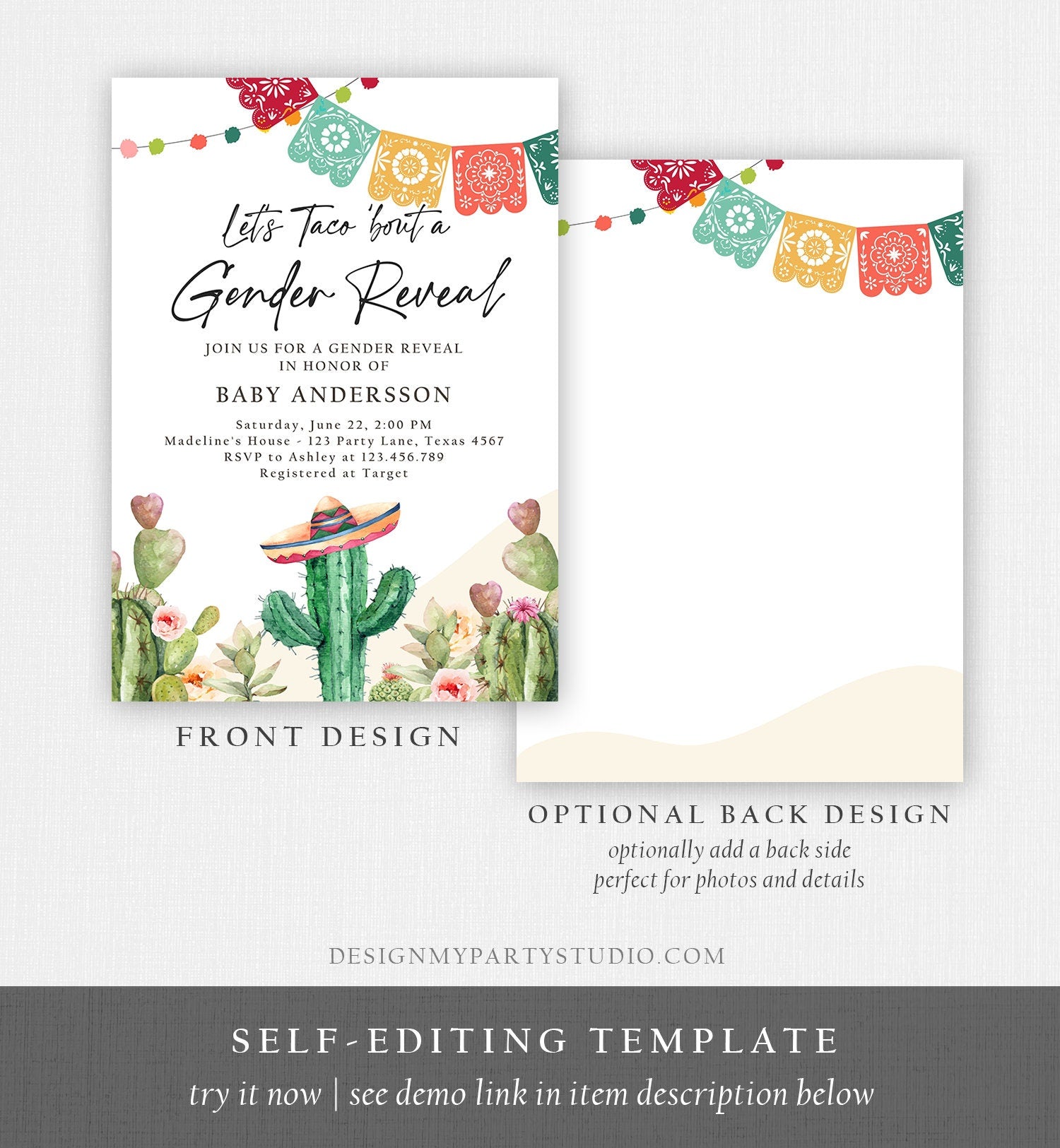 Editable Let's Taco Bout a Gender Reveal Party Invitation Cactus Mexican Fiesta He or She Boy Girl Watercolor Template Corjl Printable 0404