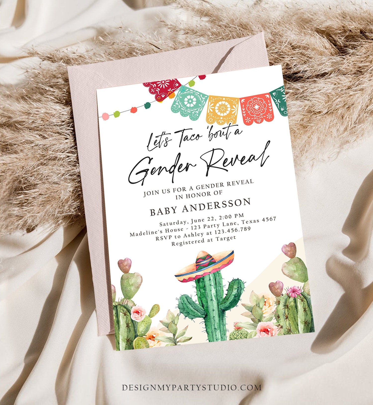 Editable Let's Taco Bout a Gender Reveal Party Invitation Cactus Mexican Fiesta He or She Boy Girl Watercolor Template Corjl Printable 0404