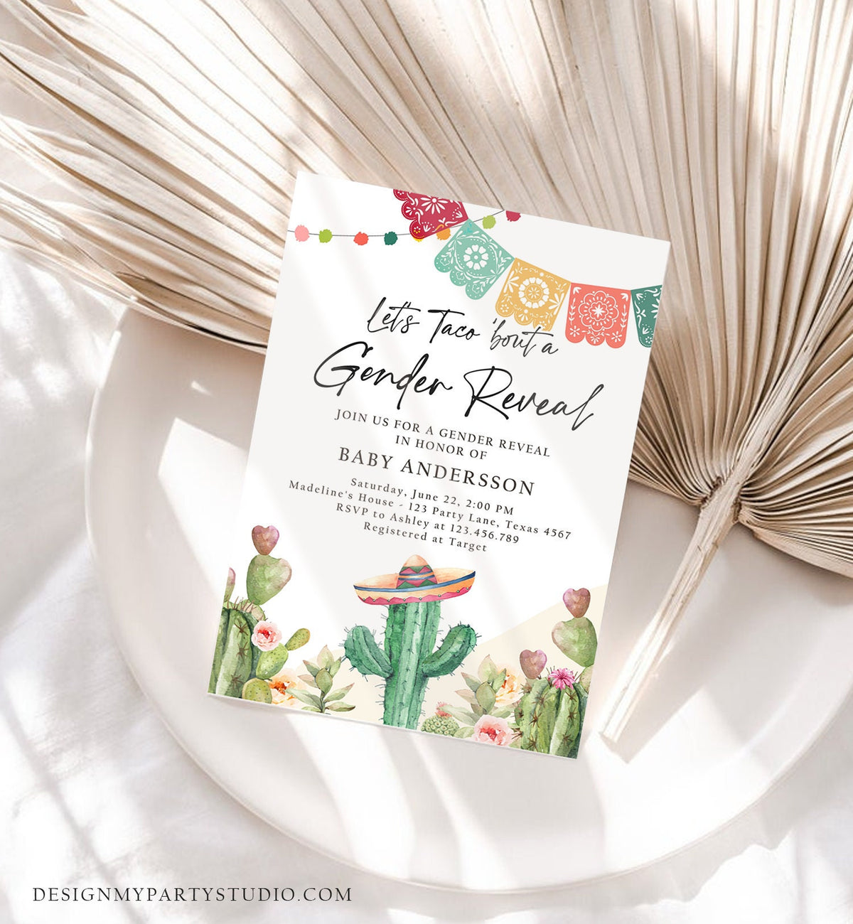 Editable Let&#39;s Taco Bout a Gender Reveal Party Invitation Cactus Mexican Fiesta He or She Boy Girl Watercolor Template Corjl Printable 0404