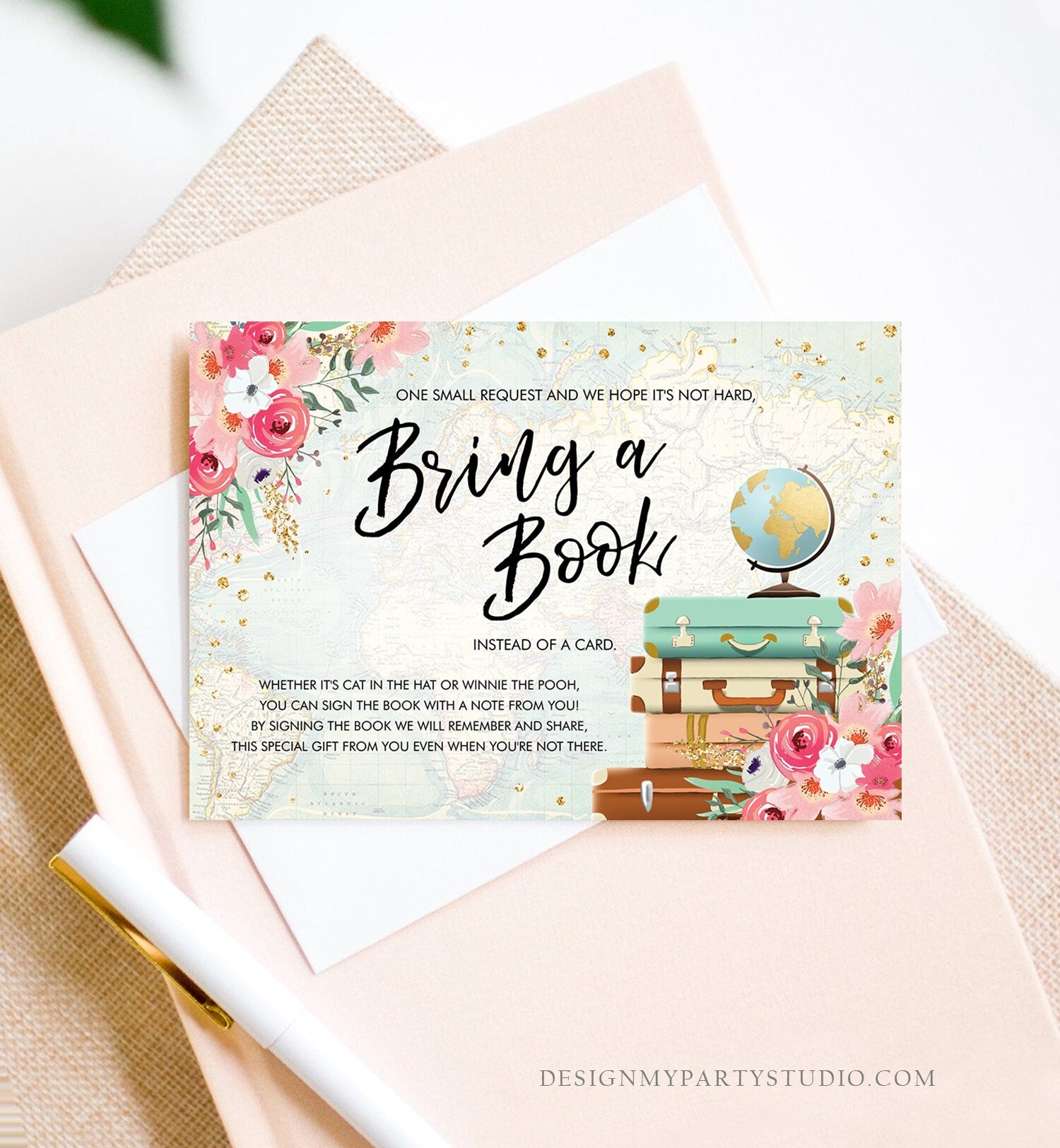 Editable Travel Bring a Book Card Baby Shower Books for Baby Adventure Floral Journey Begins Suitcases Globe Corjl Template Printable 0030