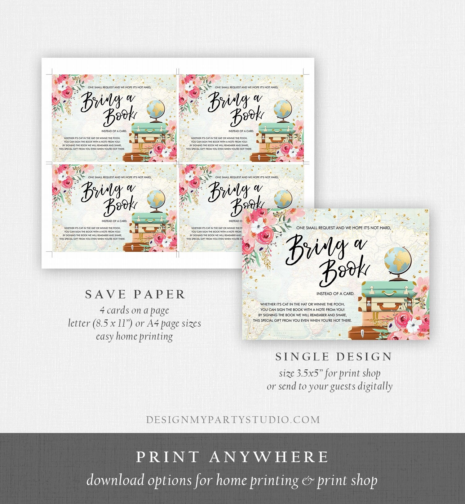 Editable Travel Bring a Book Card Baby Shower Books for Baby Adventure Floral Journey Begins Suitcases Globe Corjl Template Printable 0030