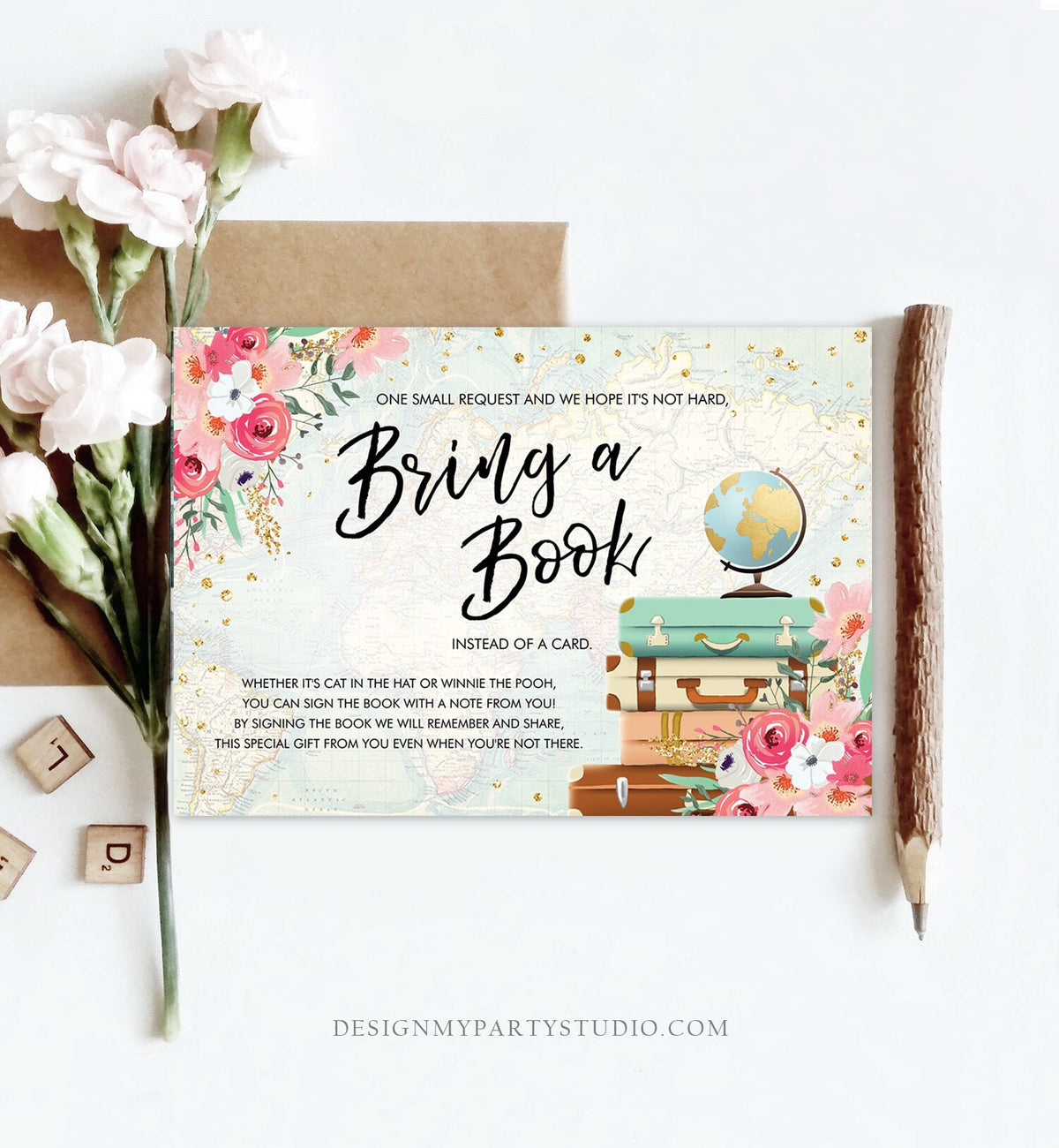 Editable Travel Bring a Book Card Baby Shower Books for Baby Adventure Floral Journey Begins Suitcases Globe Corjl Template Printable 0030