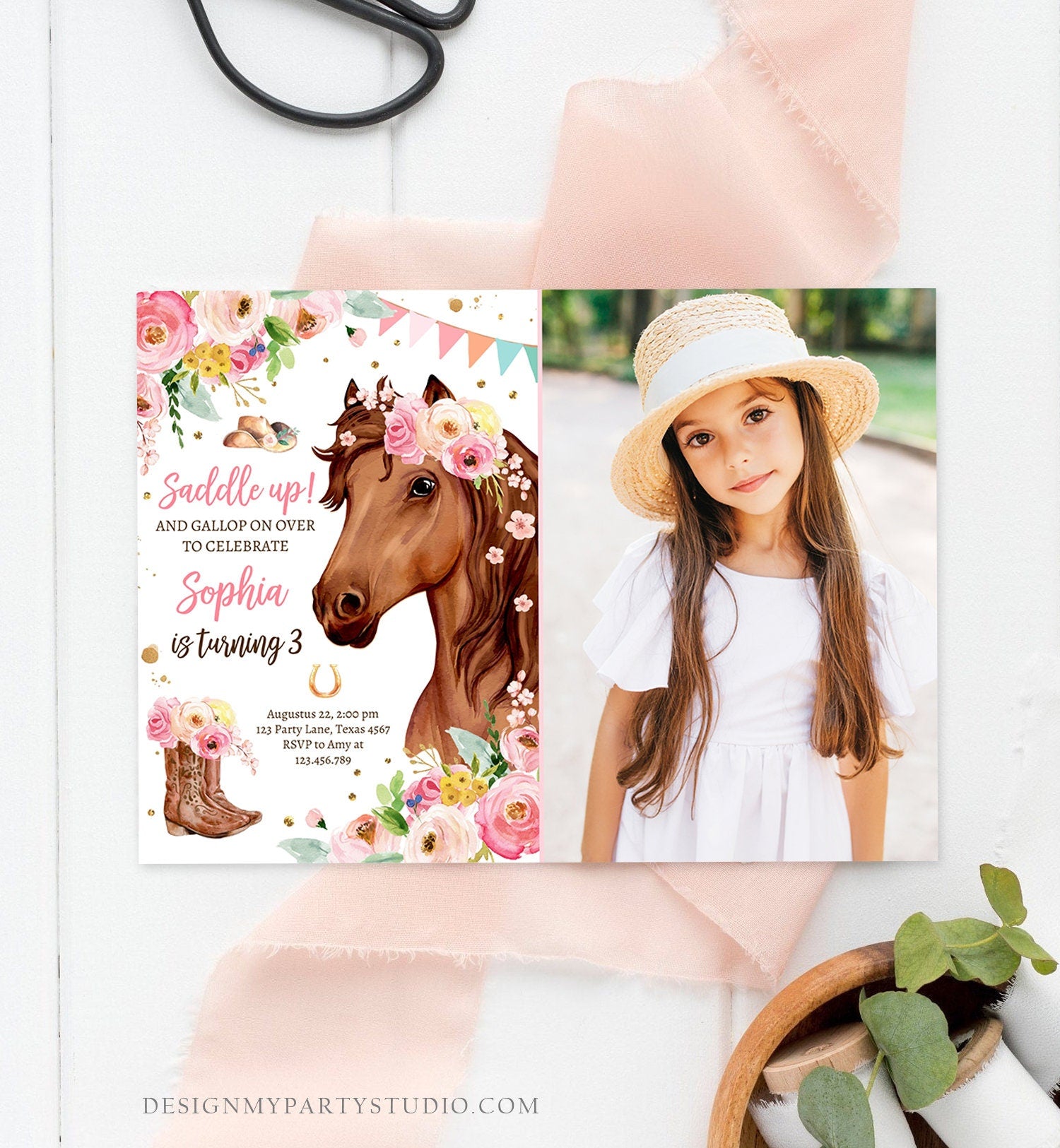 Editable Horse Birthday Invitation Girl Saddle Up Watercolor Cowgirl Party Horse Invite Pink Floral Download Printable Template Corjl 0408