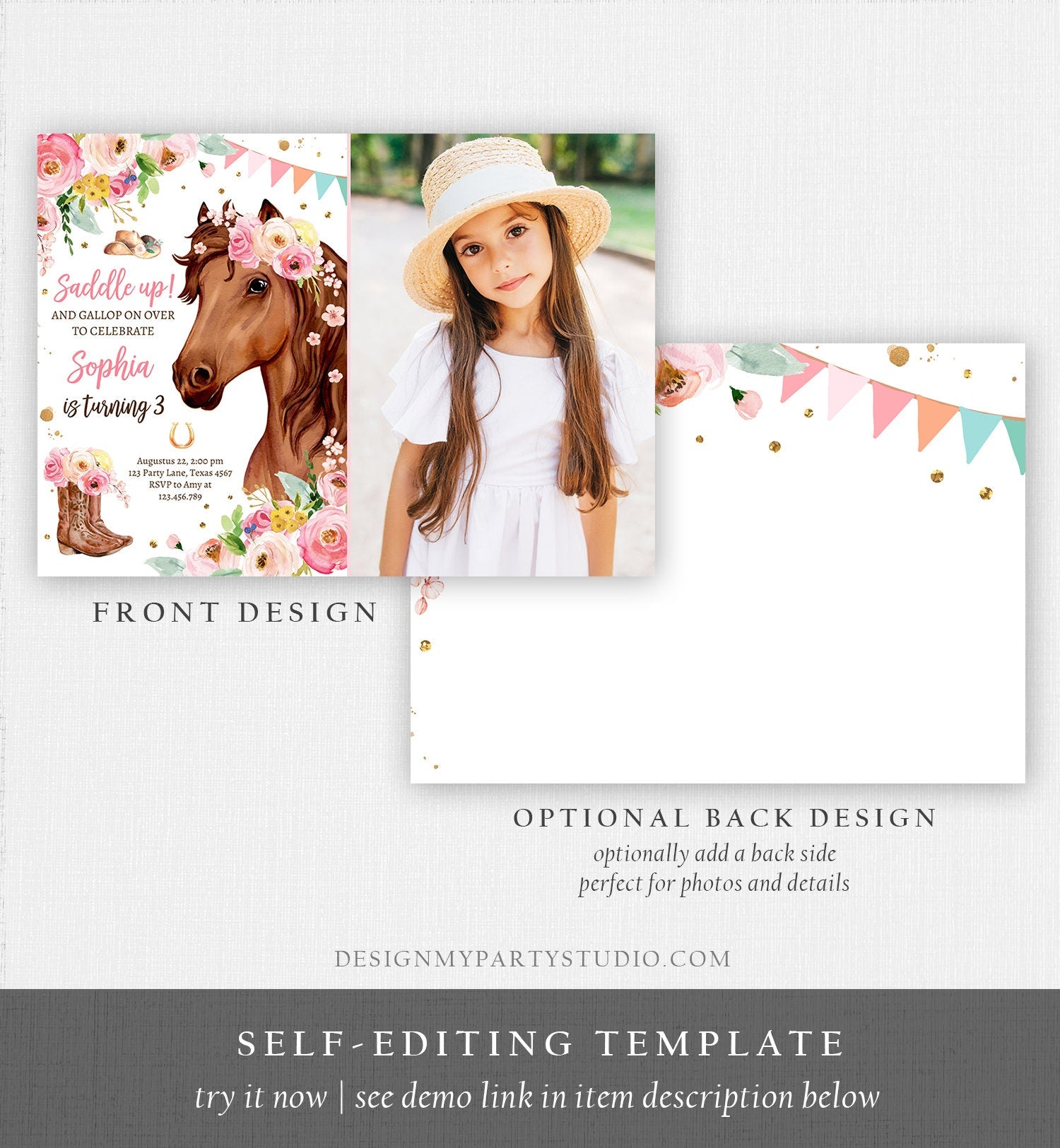 Editable Horse Birthday Invitation Girl Saddle Up Watercolor Cowgirl Party Horse Invite Pink Floral Download Printable Template Corjl 0408