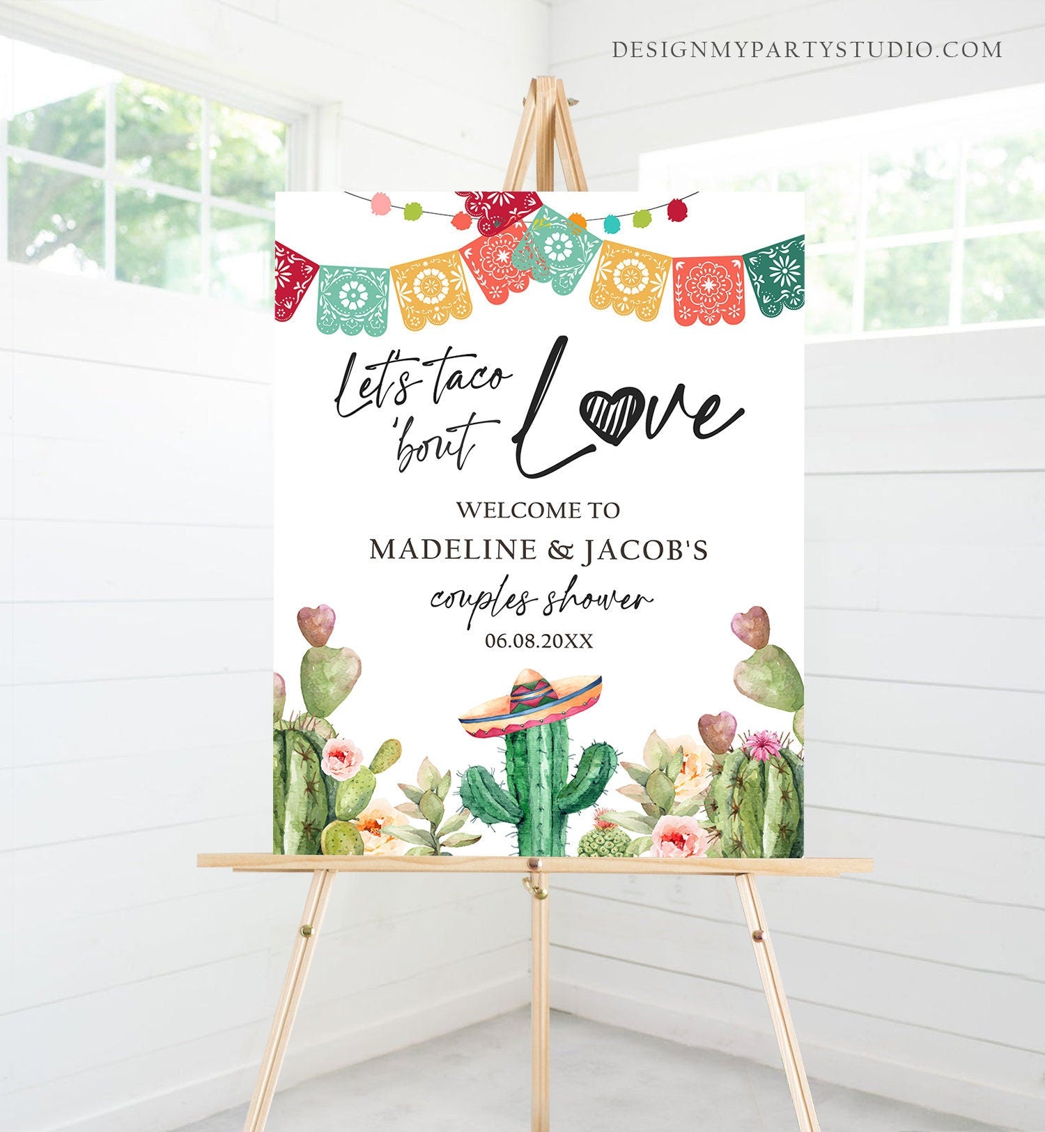 Editable Taco Bout Love Welcome Sign Couples Shower Cactus Mexican Succulent Bridal Shower Wedding Watercolor Corjl Template Printable 0404