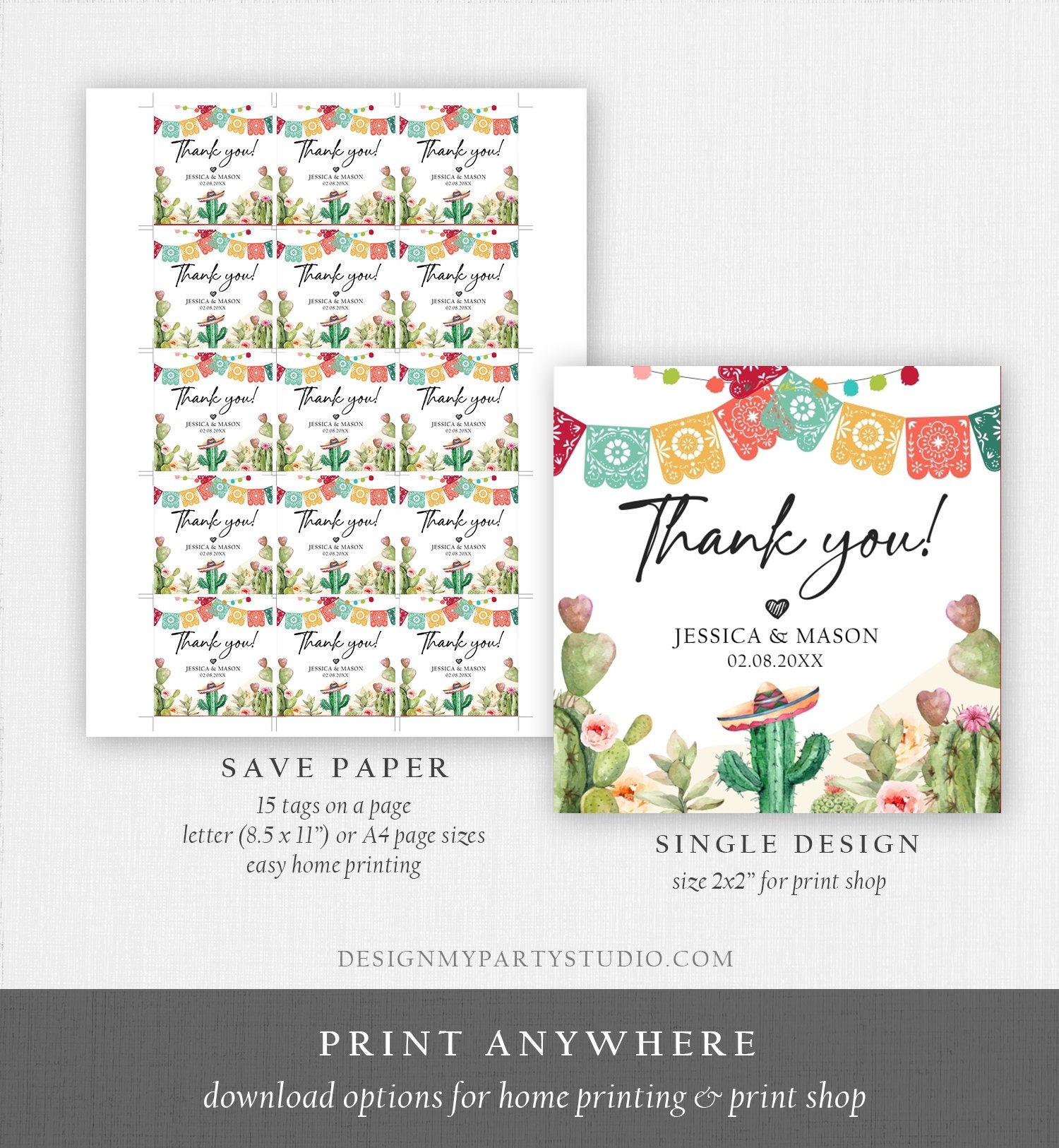 Editable Cactus Thank You Favor Tag Round Squared Fiesta Baby Shower Birthday Bridal Watercolor Sticker Succulent Corjl Template 0404