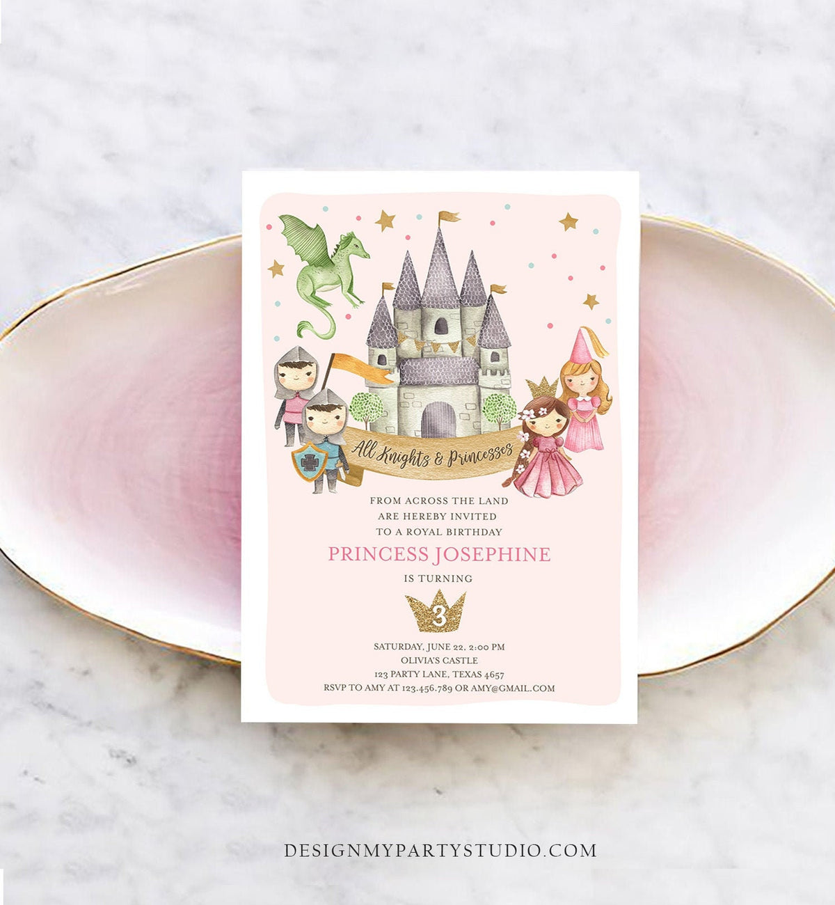 Editable Princess and Knight Birthday Invitation Once Upon a Time Princess Royal Birthday Girl Pink Castle Template Corjl Printable 0171