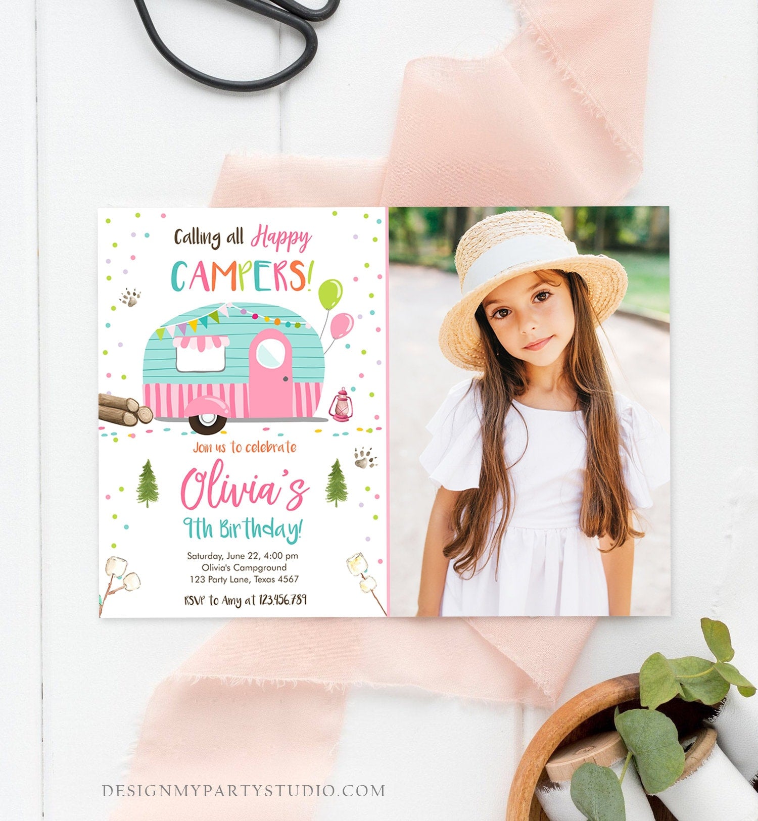 Editable Happy Camper Birthday Invitation Girl Pink Camping Party Pink Camper Glamping Download Printable Template Digital Corjl 0342