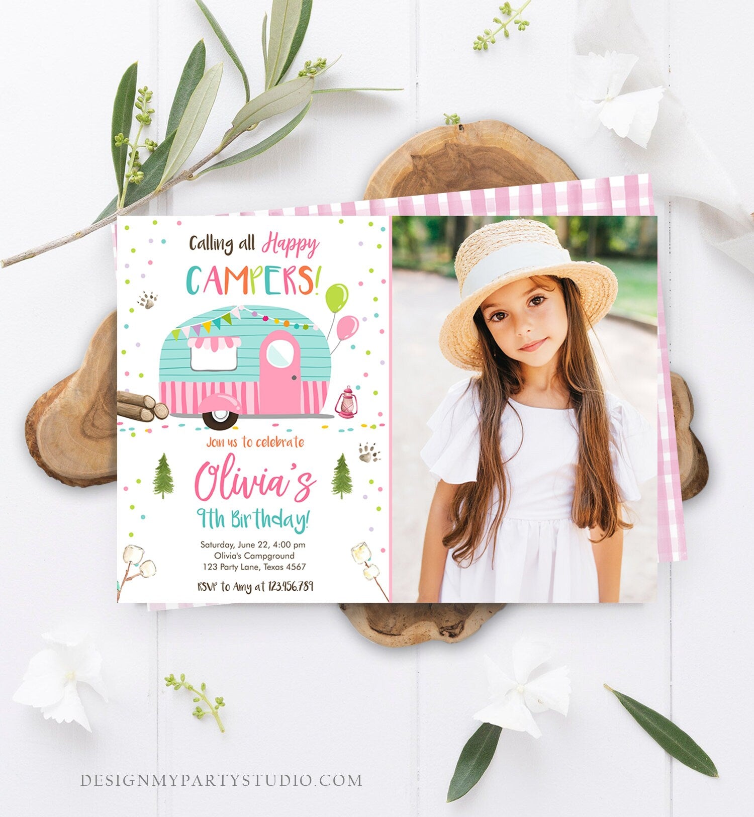 Editable Happy Camper Birthday Invitation Girl Pink Camping Party Pink Camper Glamping Download Printable Template Digital Corjl 0342