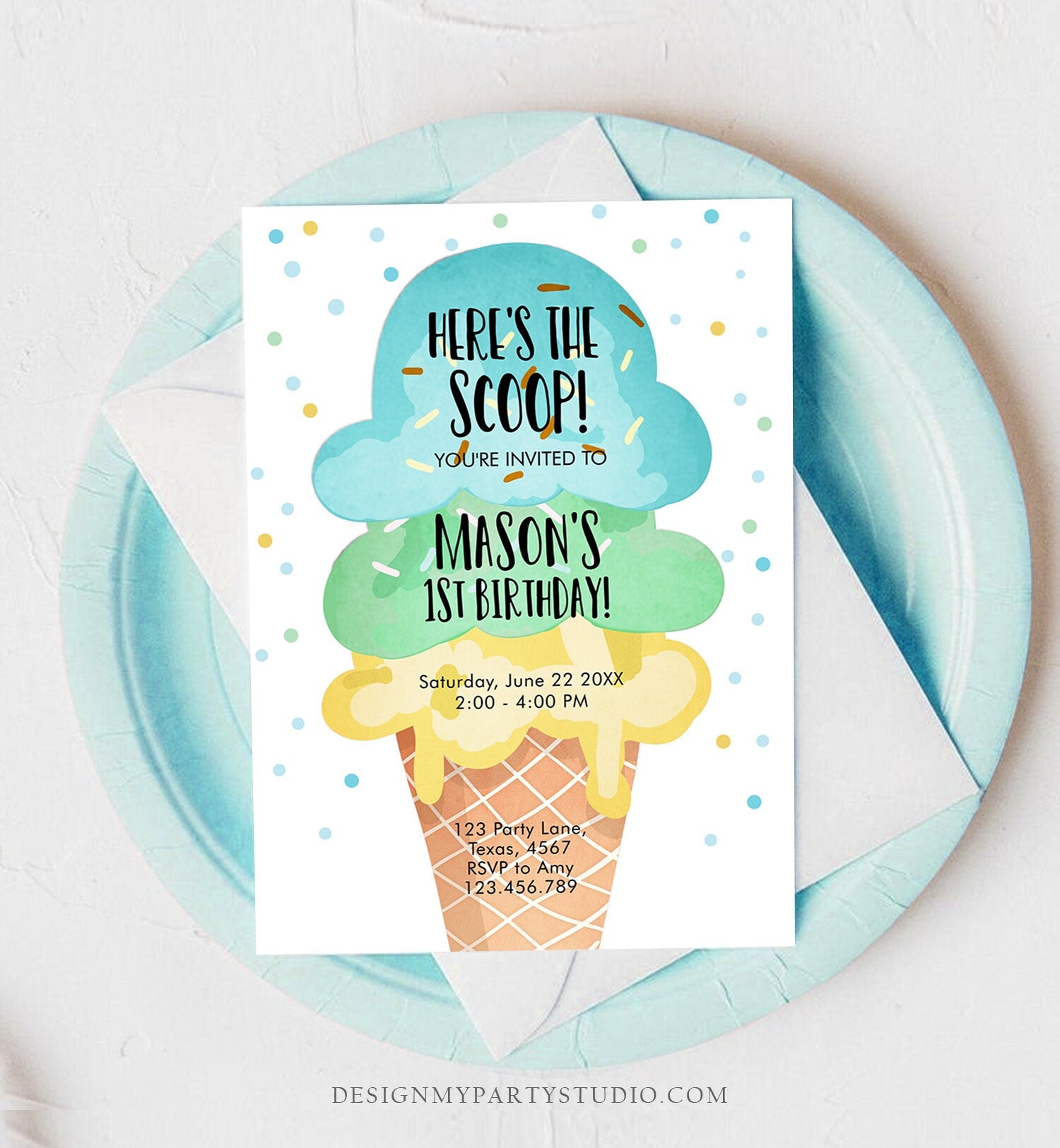 Editable Ice Cream Birthday Invitation Boy 1st Birthday Party Here's the Scoop Cone Blue Mint Yellow Summer Printable Template Corjl 0243