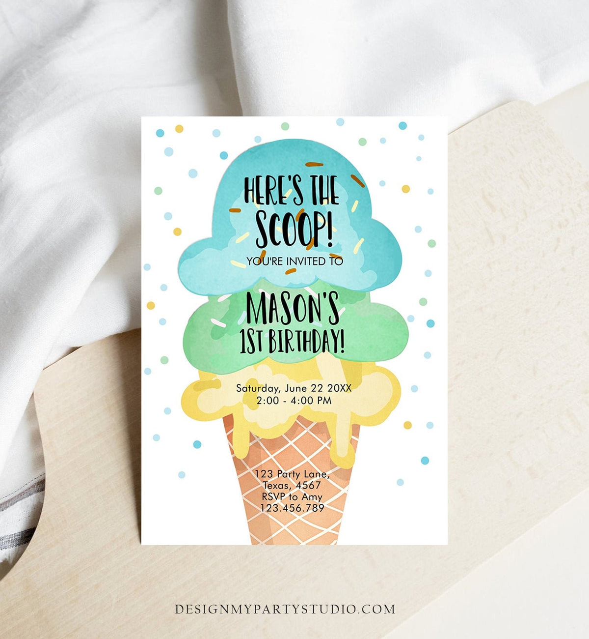 Editable Ice Cream Birthday Invitation Boy 1st Birthday Party Here&#39;s the Scoop Cone Blue Mint Yellow Summer Printable Template Corjl 0243