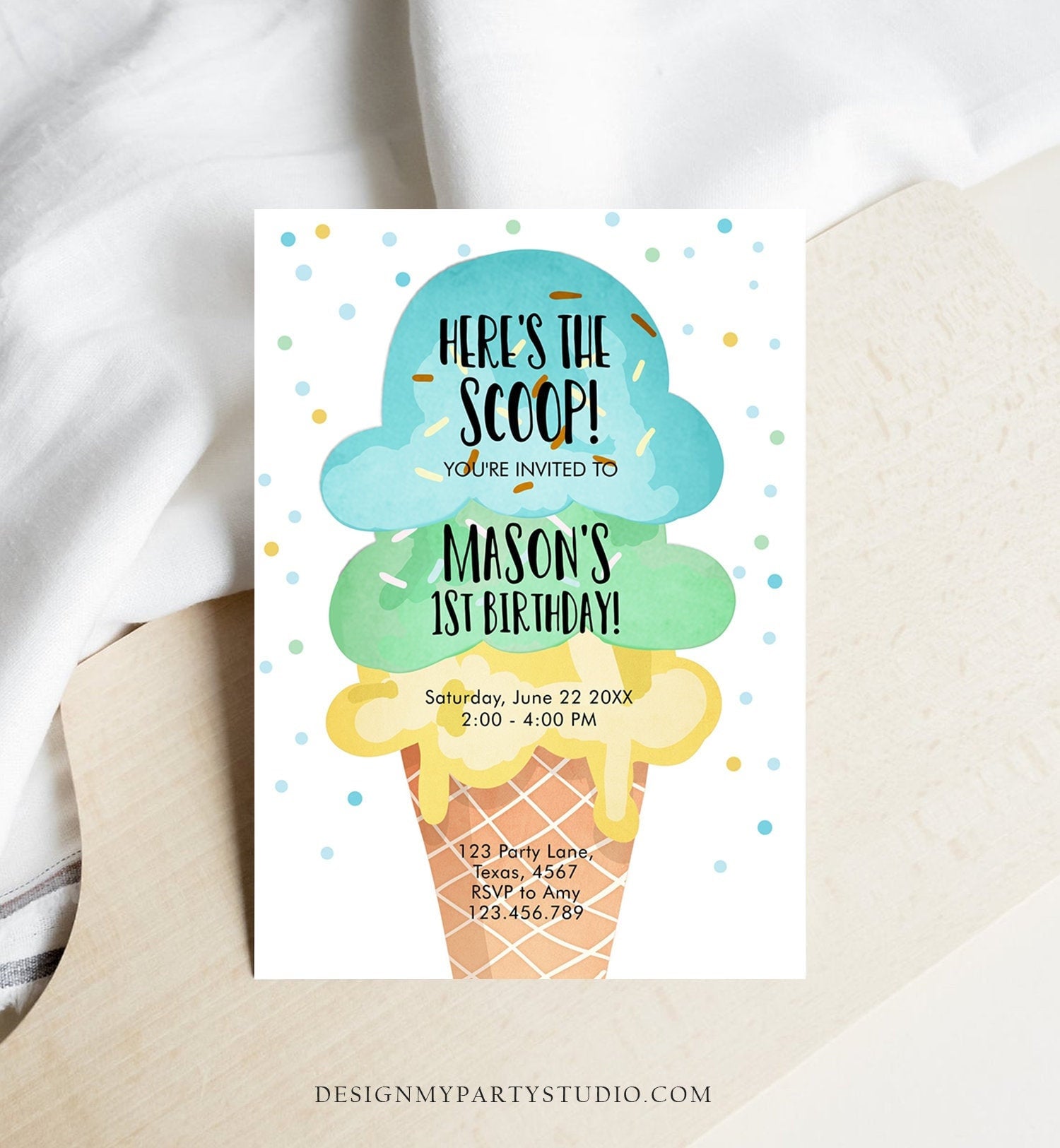 Editable Ice Cream Birthday Invitation Boy 1st Birthday Party Here's the Scoop Cone Blue Mint Yellow Summer Printable Template Corjl 0243