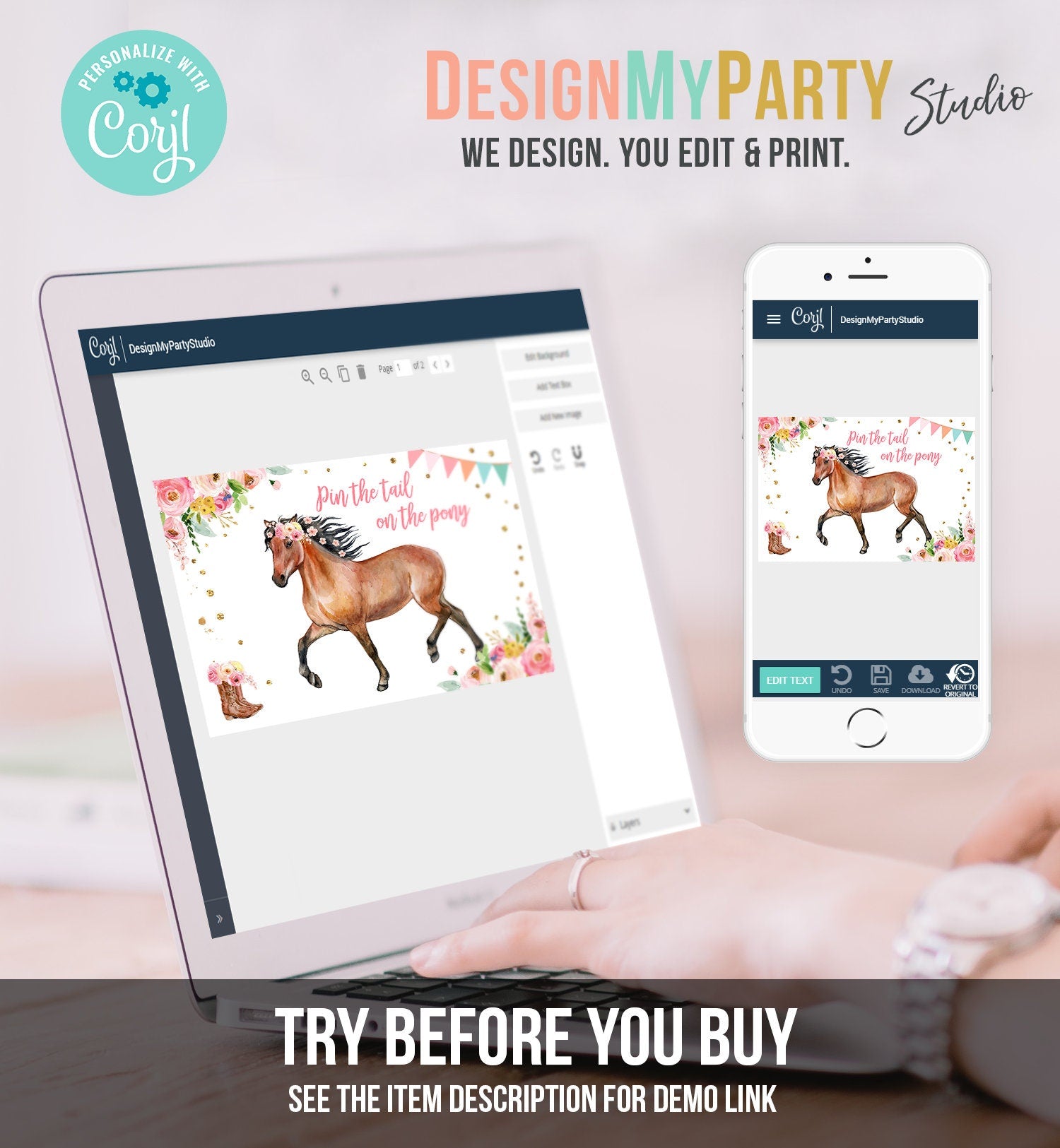 Editable Pin the Tail on the Pony Birthday Game Horse Birthday Party Decor Cowgirl Floral Pink Instant Download Printable Digital Corjl 0408