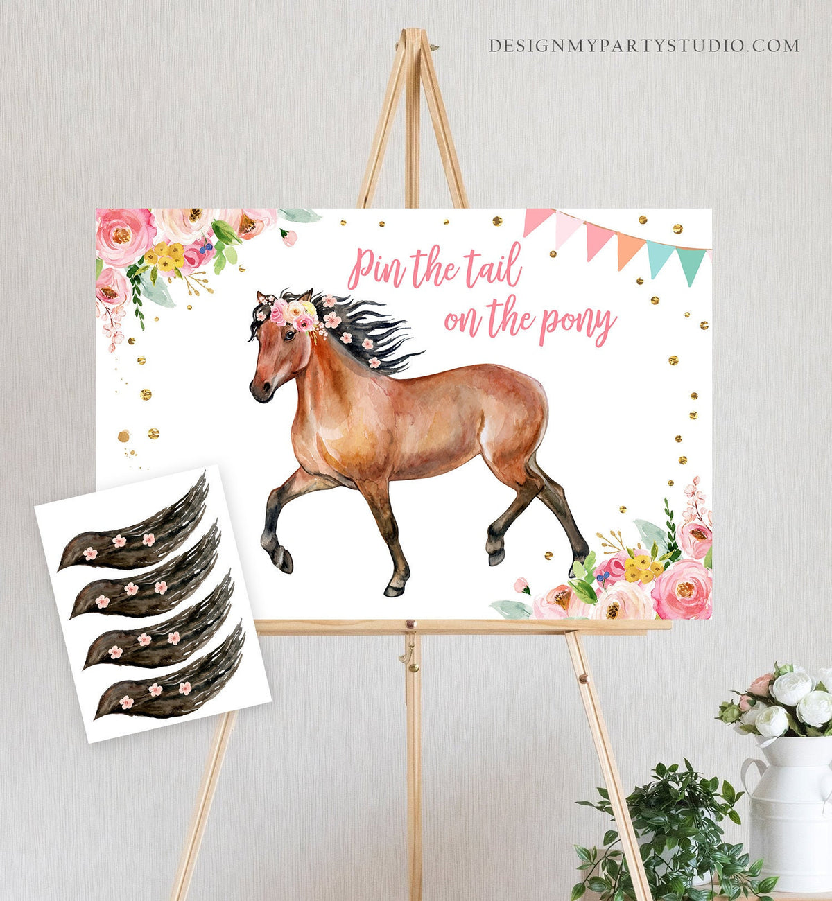 Editable Pin the Tail on the Pony Birthday Game Horse Birthday Party Decor Cowgirl Floral Pink Instant Download Printable Digital Corjl 0408