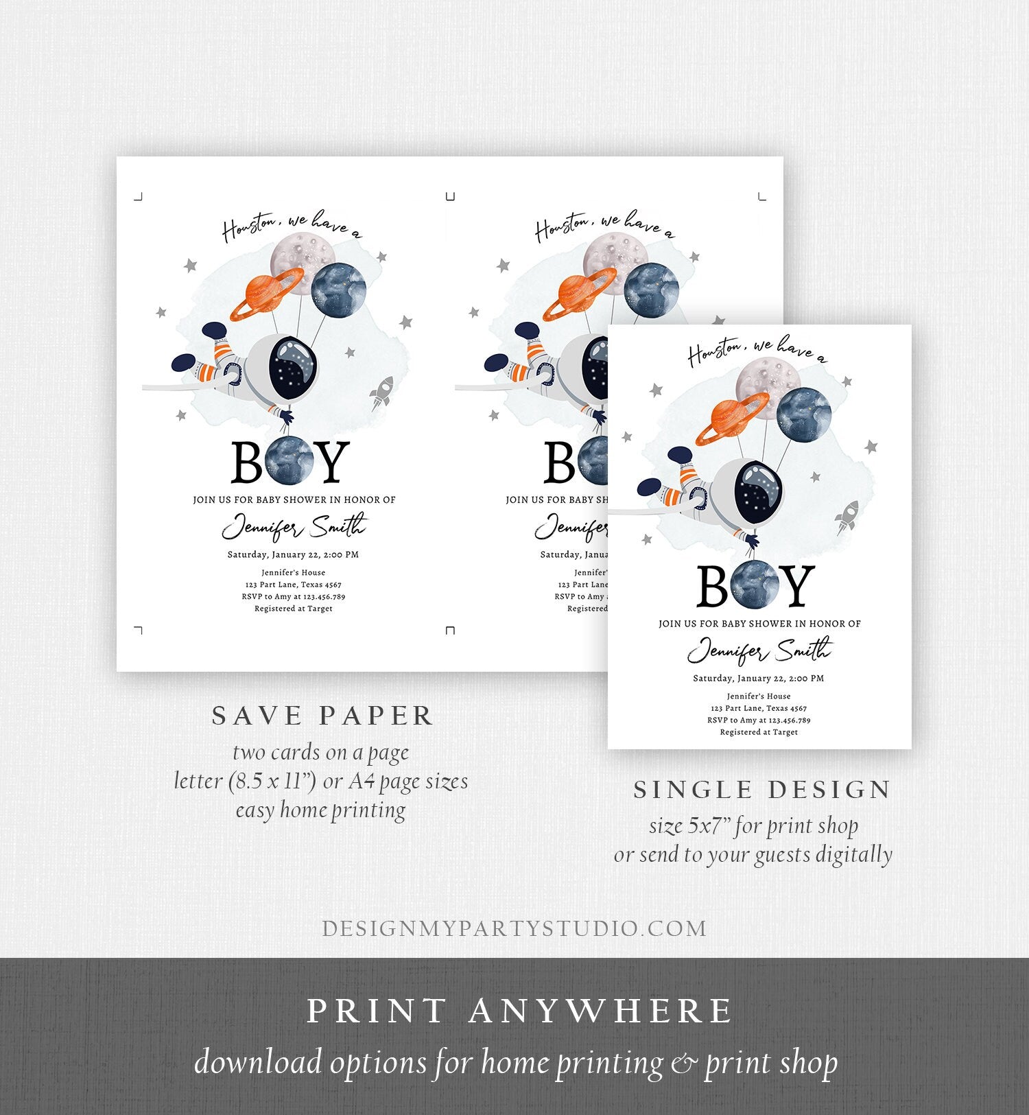 Editable Space Astronaut Baby Shower Invitation Galaxy Houston It's a Boy Orange Planets Moon Countdown Template Instant Download Corjl 0366