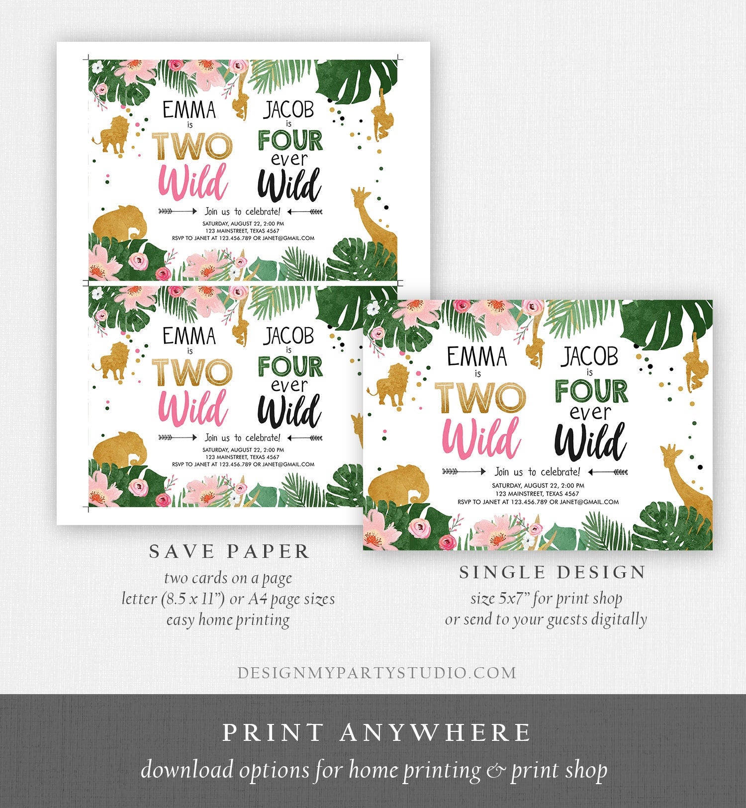 Editable Two Wild Birthday Invitation Four Ever Wild Boy Girl Safari Animals Jungle Gold Joint Dual Siblings Corjl Template Printable 0016