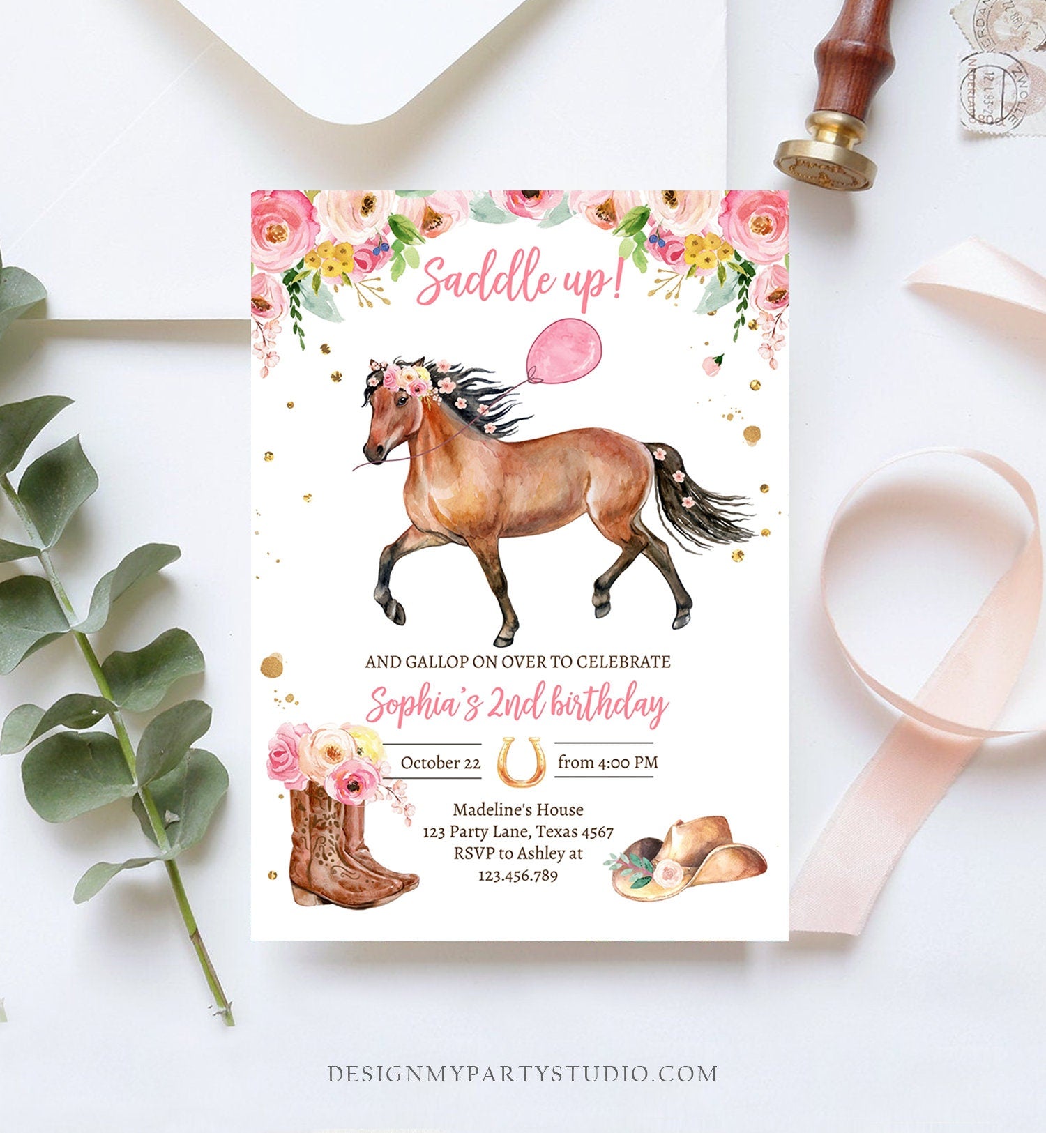 Editable Horse Birthday Invitation Girl Saddle Up Watercolor Cowgirl Horse Party Invite Pink Floral Download Printable Template Corjl 0408