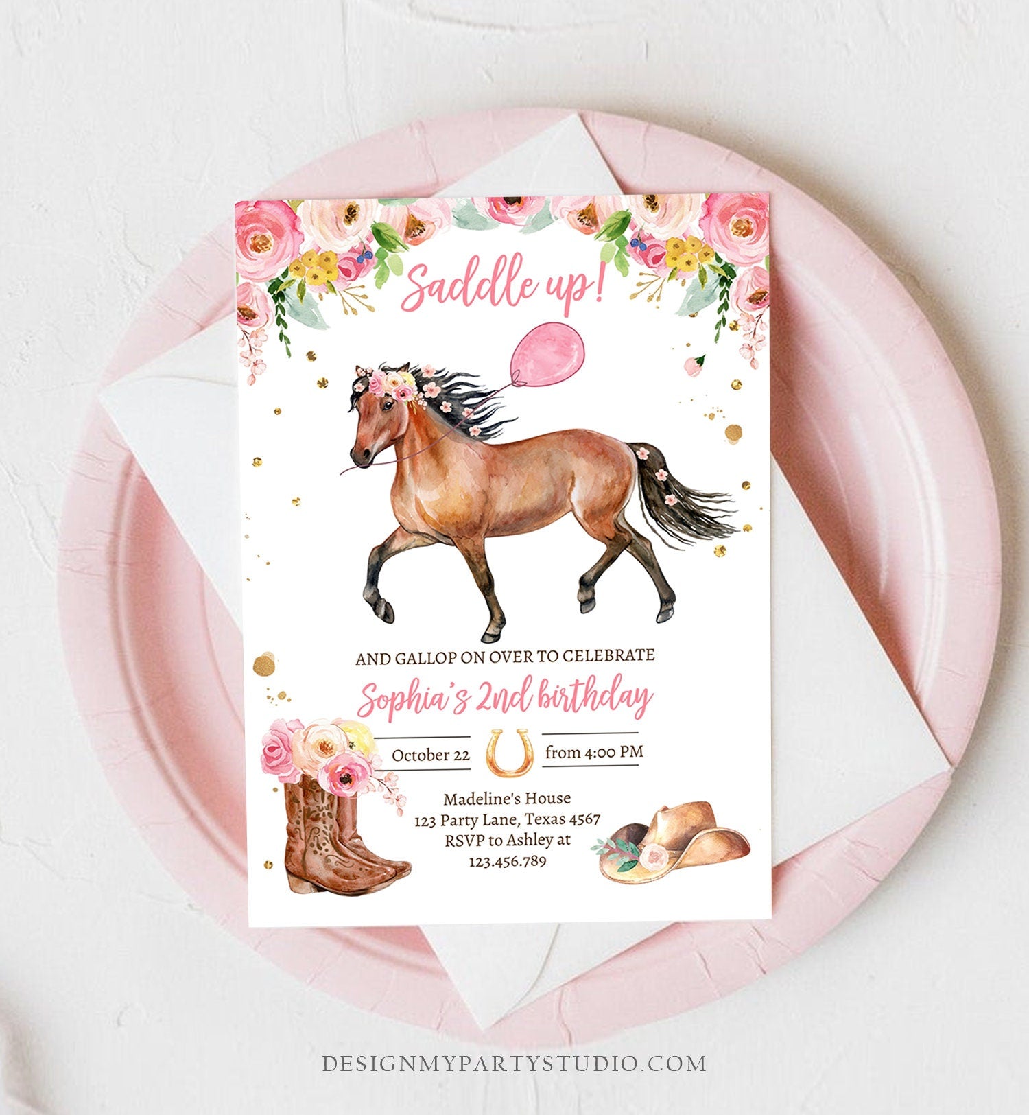 Editable Horse Birthday Invitation Girl Saddle Up Watercolor Cowgirl Horse Party Invite Pink Floral Download Printable Template Corjl 0408