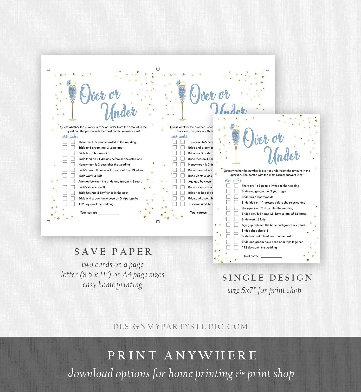 Editable Over or Under Bridal Shower Game Brunch and Bubbly More or Less Guess Wedding Shower Activity Gold Corjl Template Printable 0150