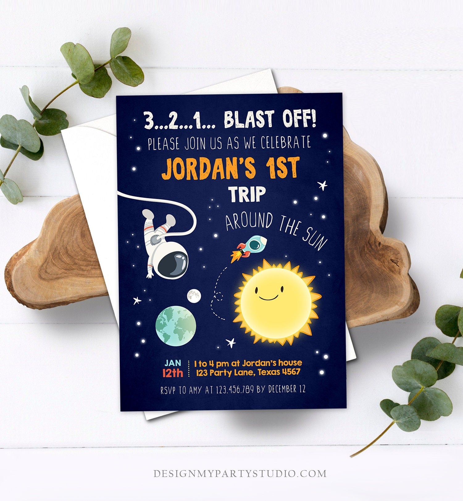 Editable Outer Space Birthday Invitation Rocket Astronaut Around the Sun First Trip Blast Off Digital Download Evite Template Printable 0046