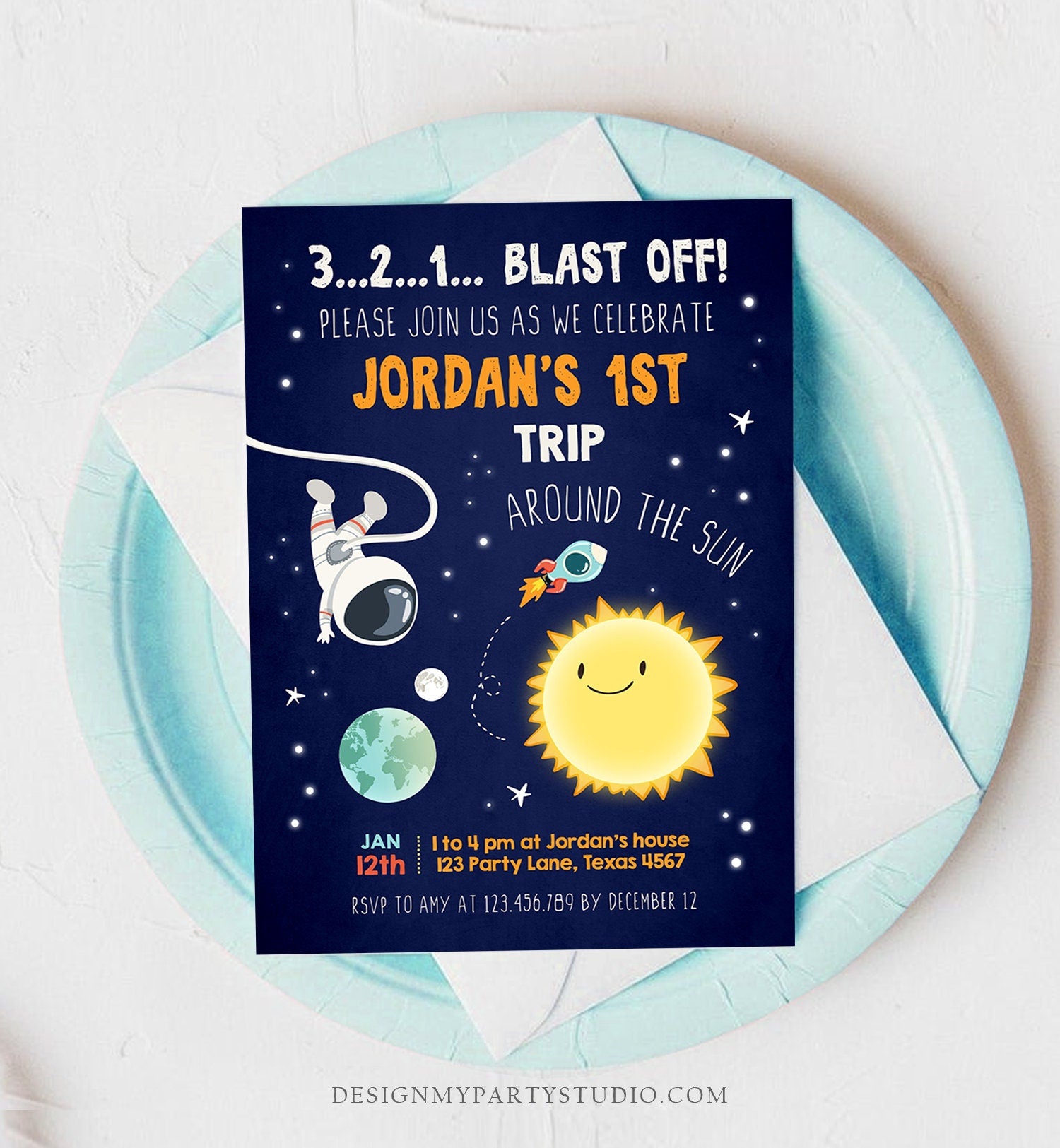 Editable Outer Space Birthday Invitation Rocket Astronaut Around the Sun First Trip Blast Off Digital Download Evite Template Printable 0046