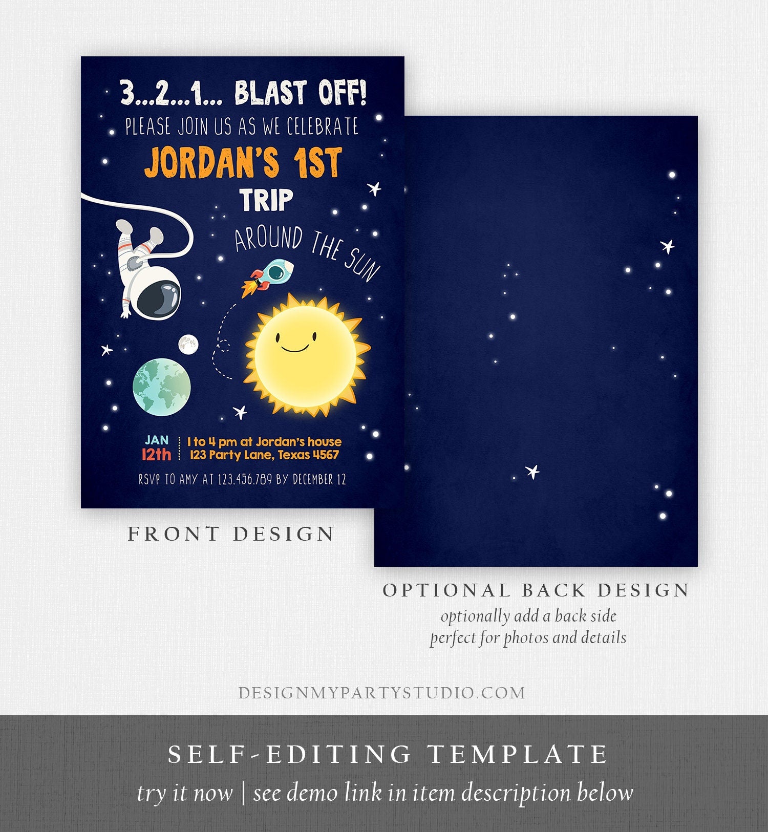 Editable Outer Space Birthday Invitation Rocket Astronaut Around the Sun First Trip Blast Off Digital Download Evite Template Printable 0046