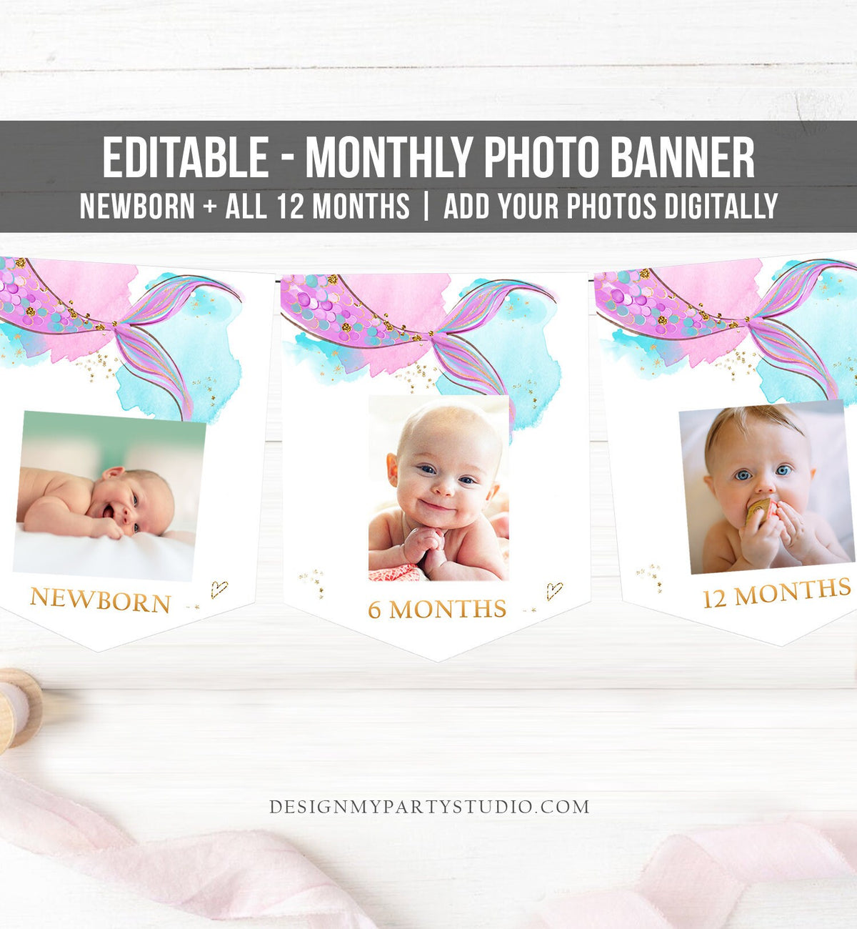 Editable Mermaid Monthly Photo Banner Mermaid Birthday Banner First Birthday Under The Sea Girl Download Digital Template Printable 0403