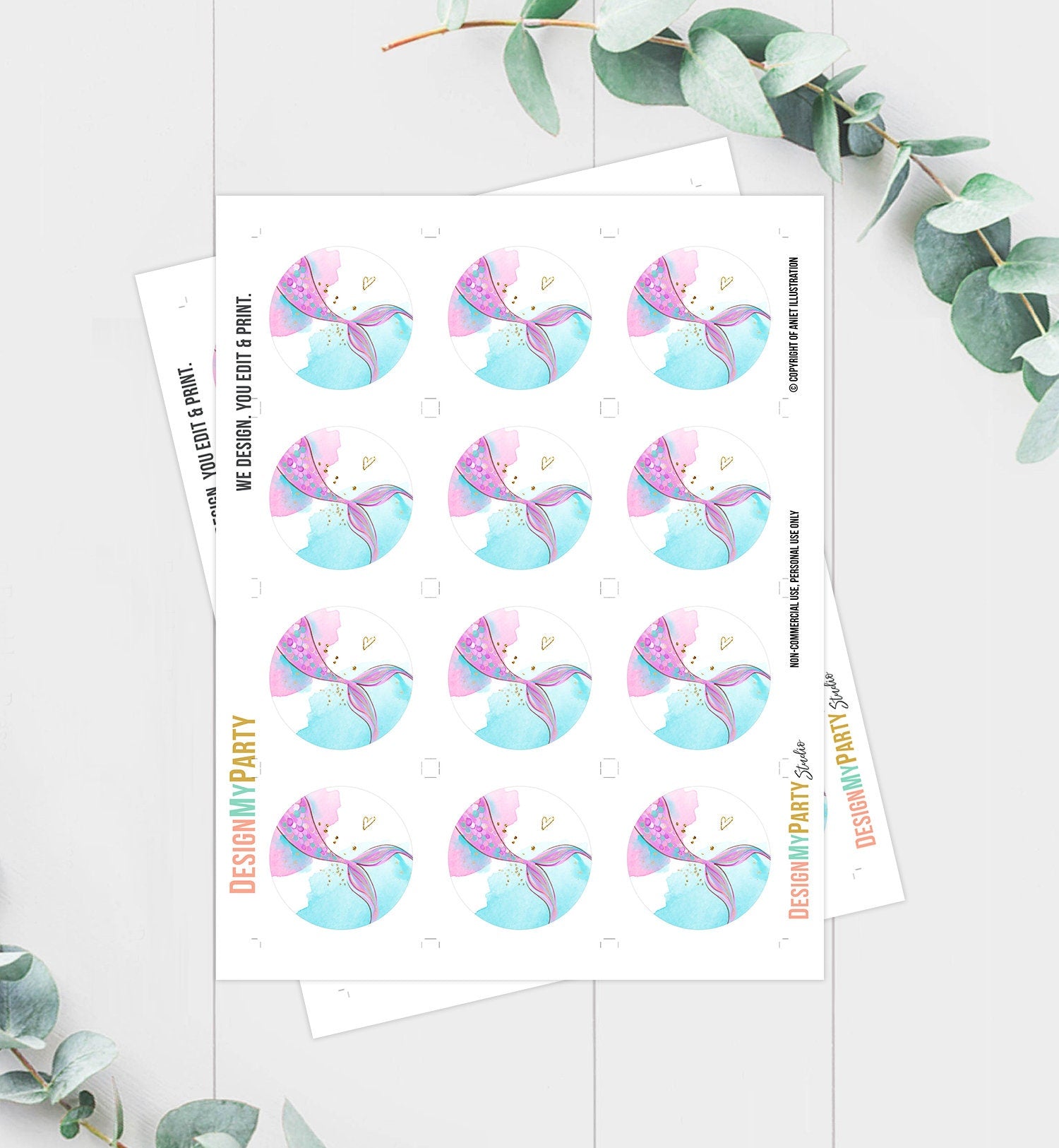 Mermaid Birthday Cupcake Toppers Mermaid Favor Tags Mermaid Birthday Under The Sea Girl Pink Purple Gold Stickers Digital PRINTABLE 0403