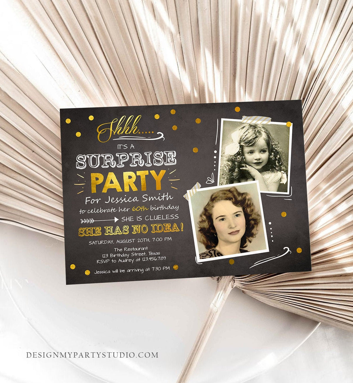 Editable 60th Surprise Birthday Party Invitation ANY AGE Gold Chalk Rustic Adult Photos Vintage Platinum Jubilee Anniversary Corjl Template