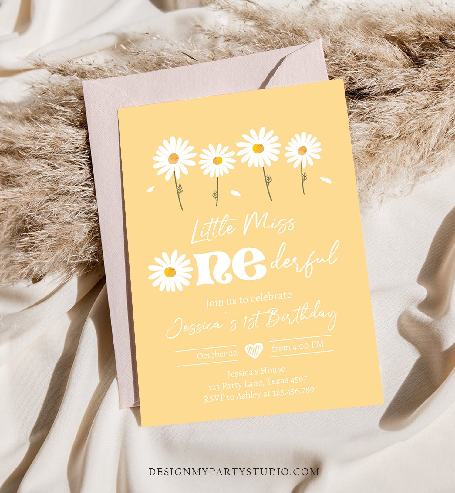 Editable Daisy Birthday Invitation Little Miss Onederful Birthday 1st Girl Floral Boho Yellow Download Printable Template Corjl Digital 0410