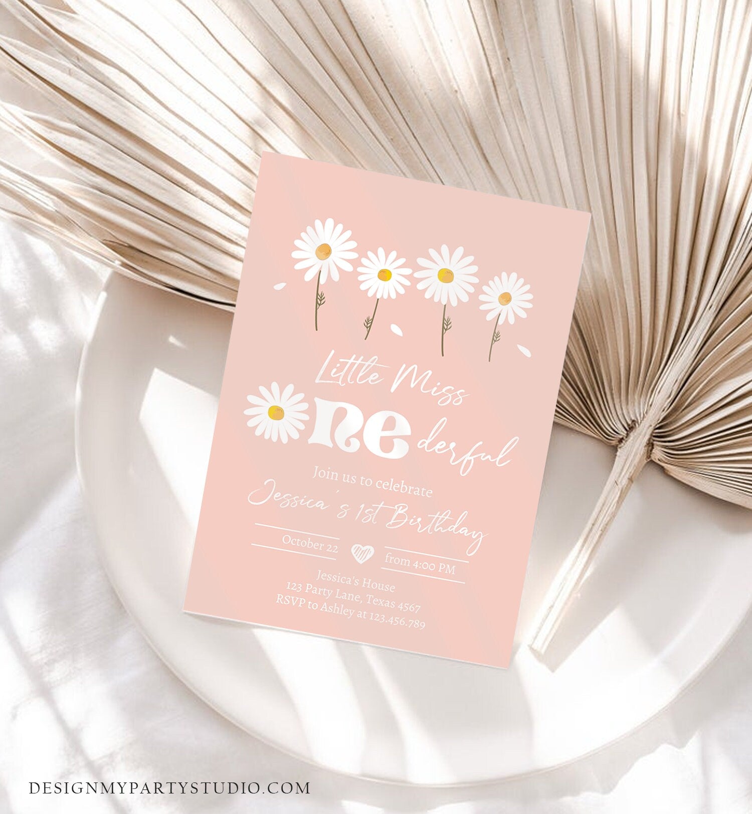 Editable Daisy Birthday Invitation Little Miss Onederful Birthday 1st Girl Floral Boho Pink Download Printable Template Corjl Digital 0410