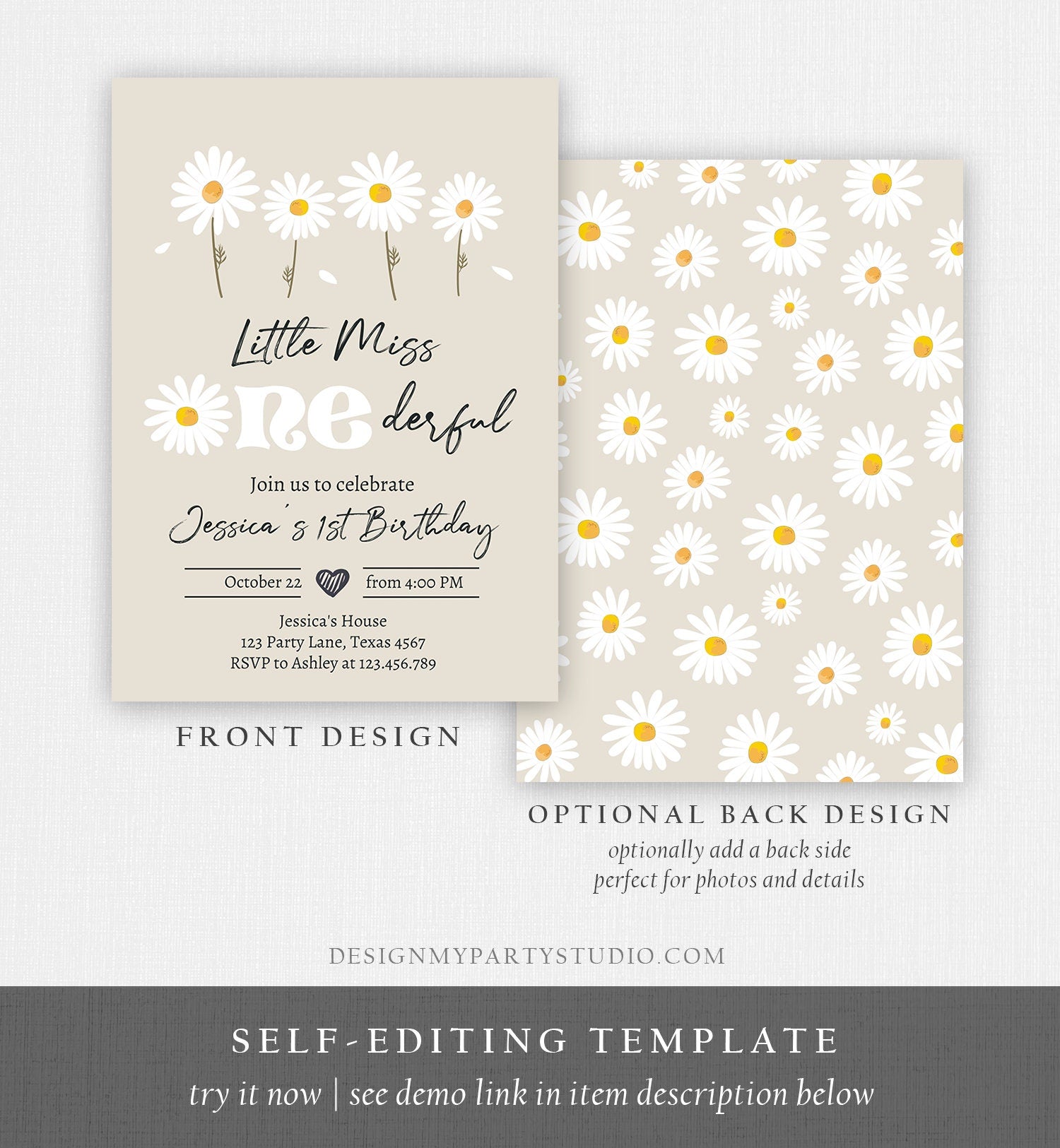 Editable Daisy Birthday Invitation Little Miss Onederful Birthday 1st Girl Floral Bohemian Download Printable Template Corjl Digital 0410