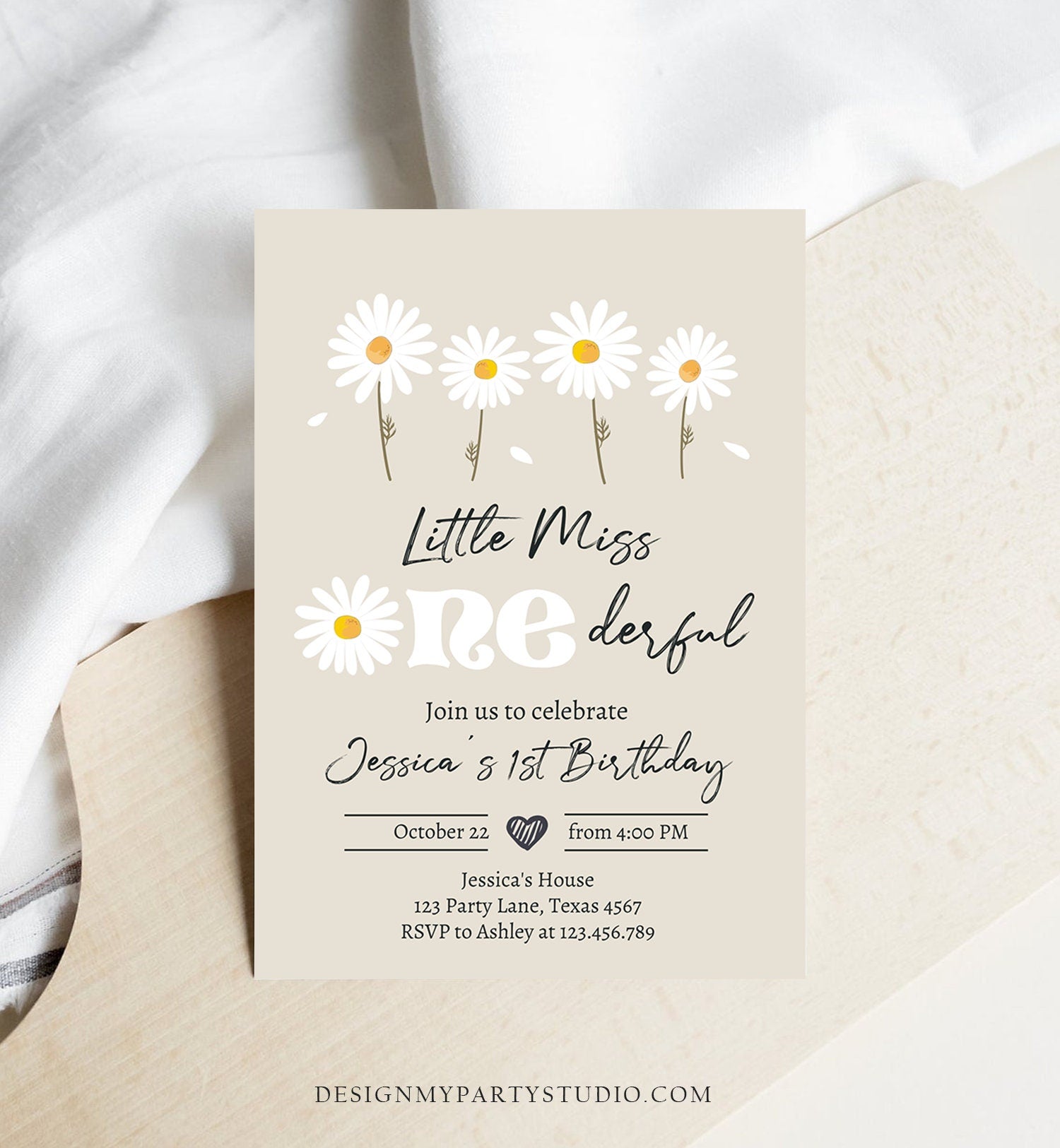 Editable Daisy Birthday Invitation Little Miss Onederful Birthday 1st Girl Floral Bohemian Download Printable Template Corjl Digital 0410